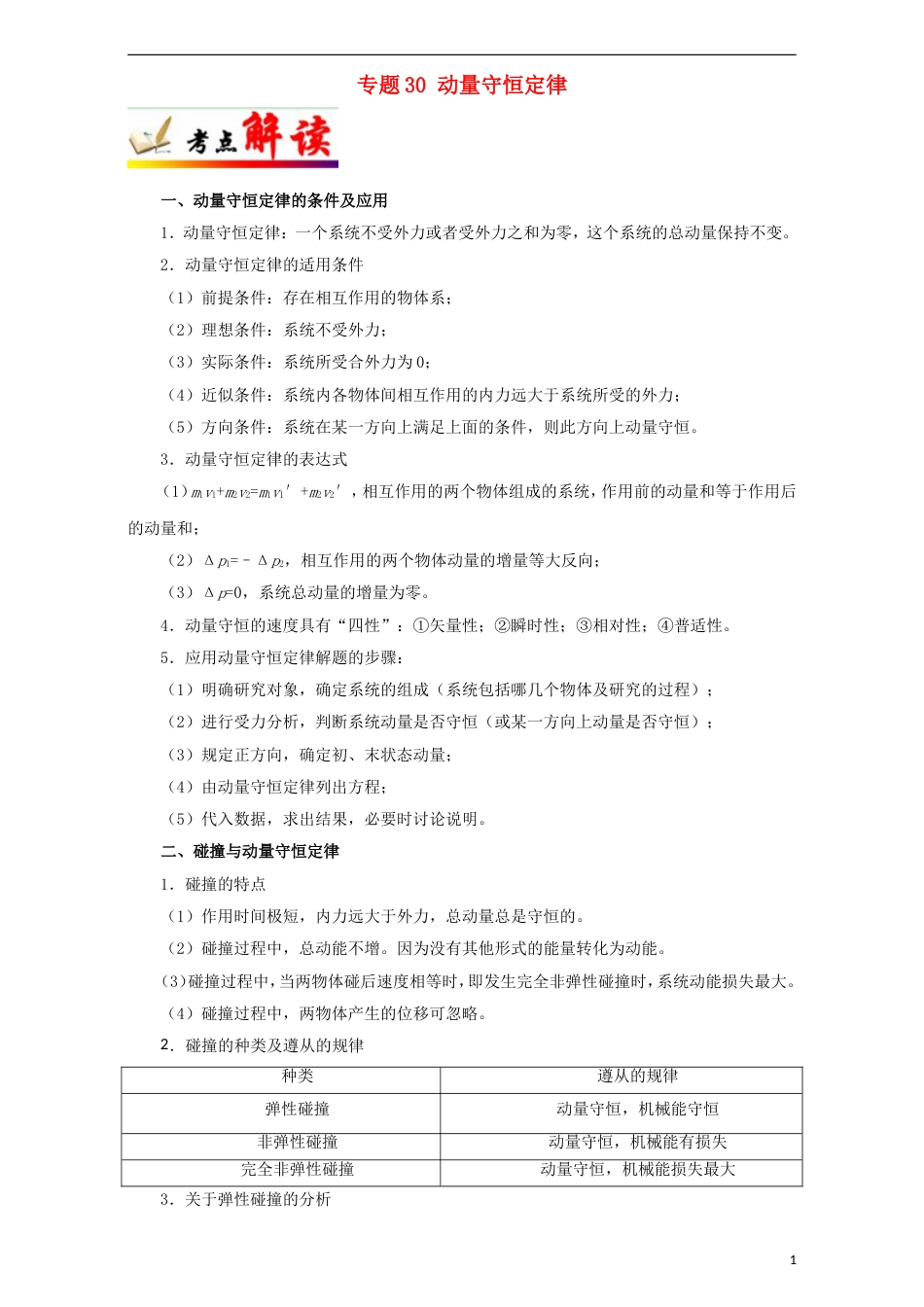 高考物理考点一遍过专题动量守恒定律_第1页