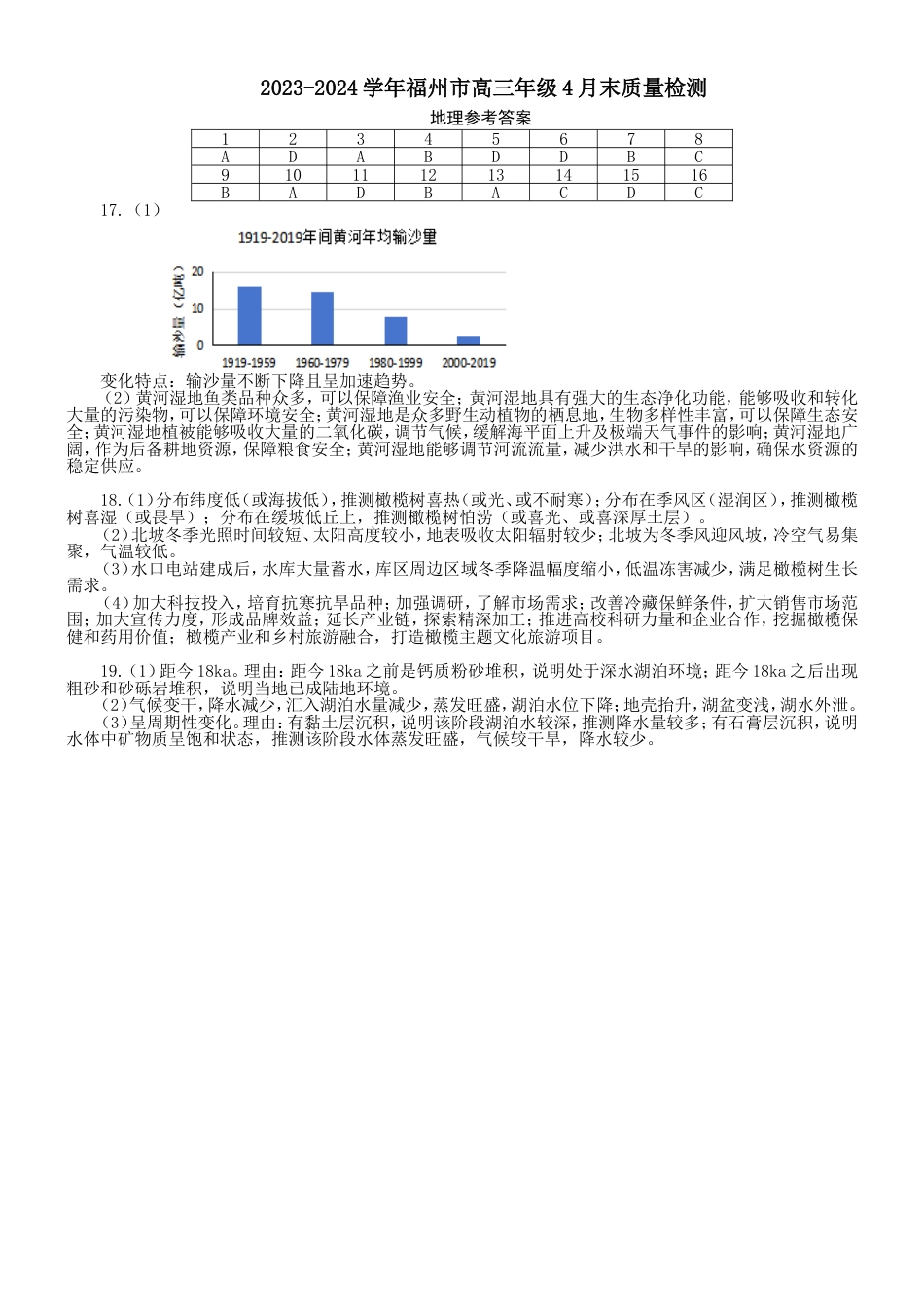 2023-2024学年福州市高三年级4月末质量检测地理参考答案_第1页