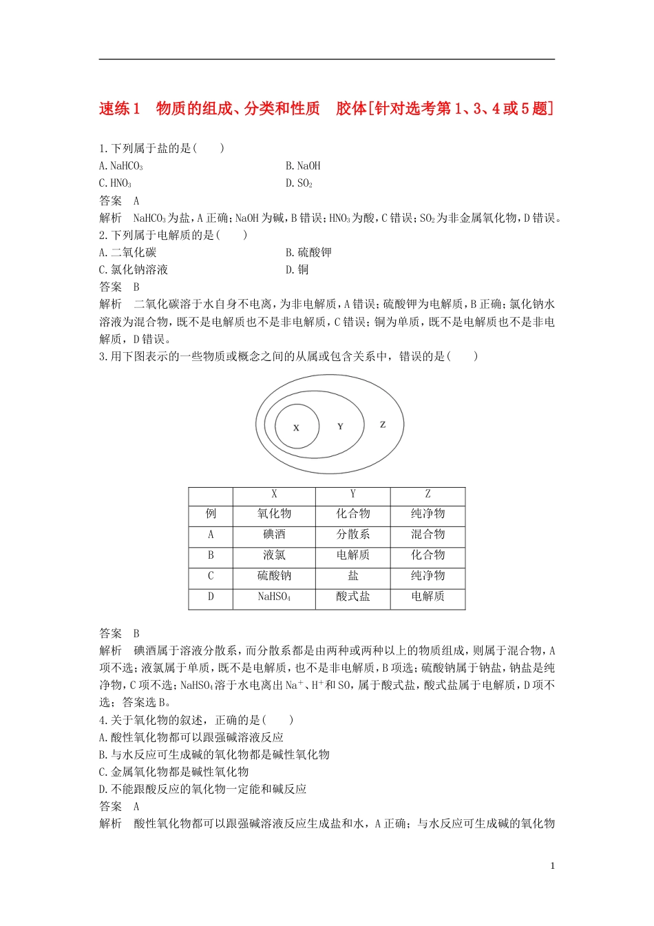 高考化学二轮复习选择题题满分练速练物质的组成分类和性质胶体针对选考第或题_第1页