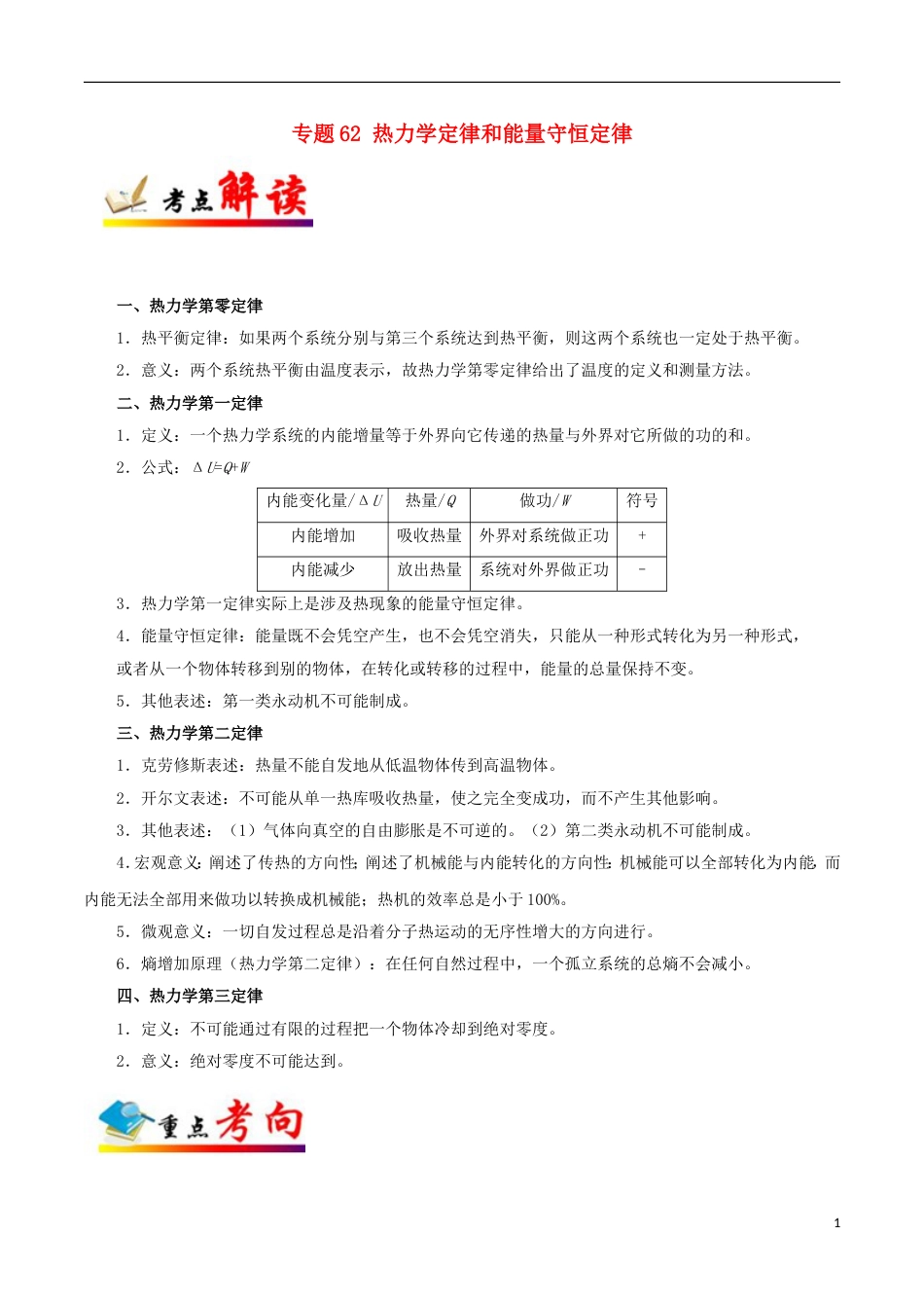 高考物理考点一遍过专题热力学定律和能量守恒定律_第1页
