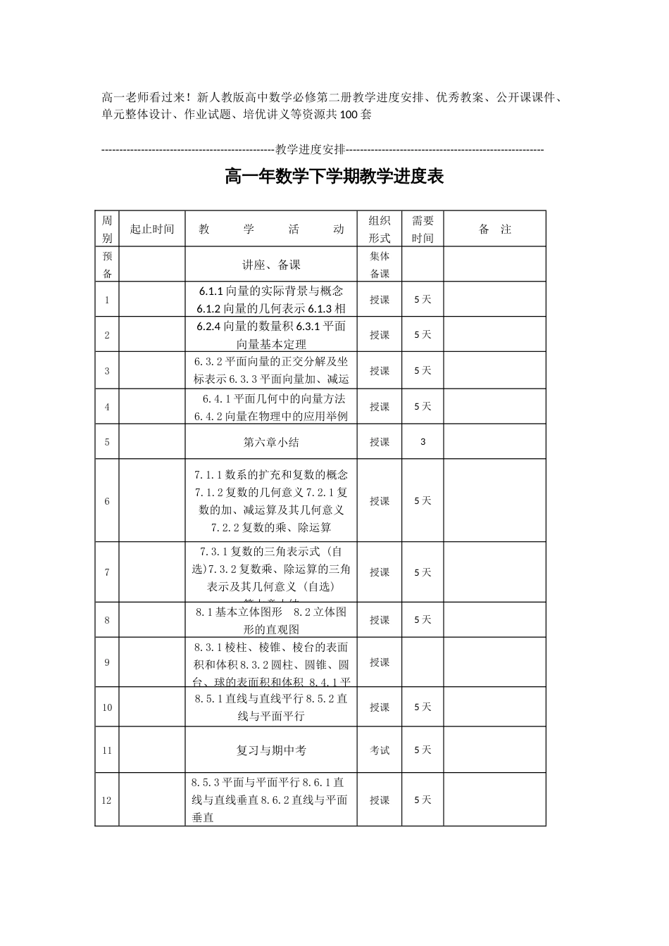 高一下学期数学教学进度安排及配套同步资源大全含公开课课件优秀教案单元整体设计培优讲义共100套_第1页