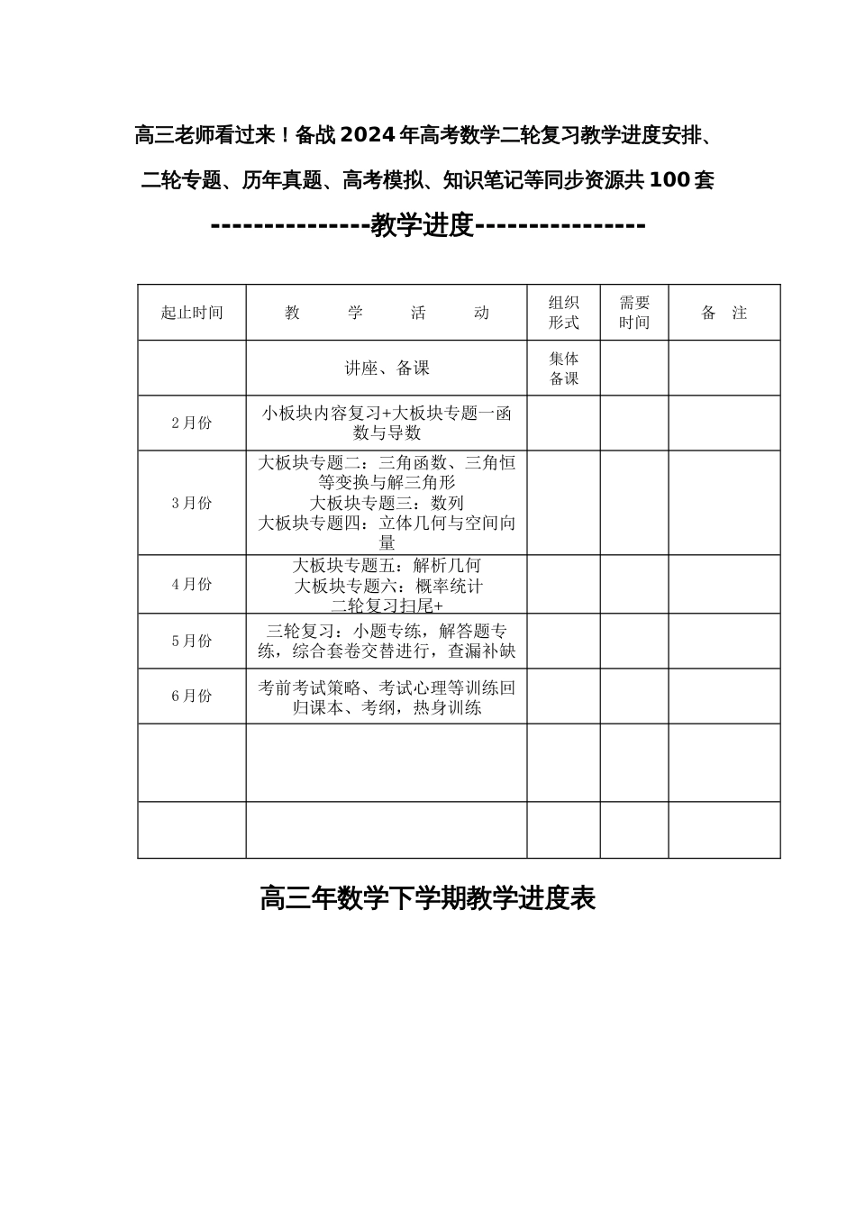 高三下学期数学教学进度安排及配套同步资源大全含二轮专题历年真题高考模拟知识笔记共100套_第1页