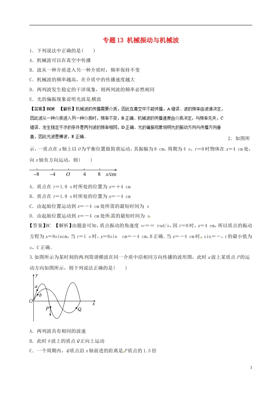 高考物理二轮复习专题机械振动与机械波押题专练_第1页