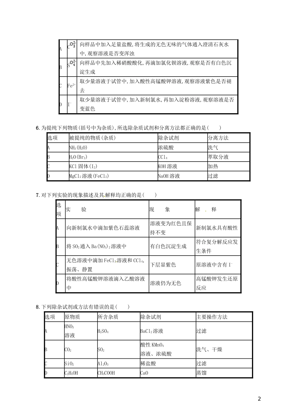 高考化学一轮复习第十单元化学实验基础考点规范练物质的检验分离和提纯_第2页