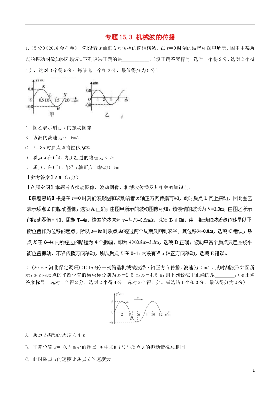 高考物理二轮复习考点千题精练第十五章选考部分专题机械波的传播_第1页