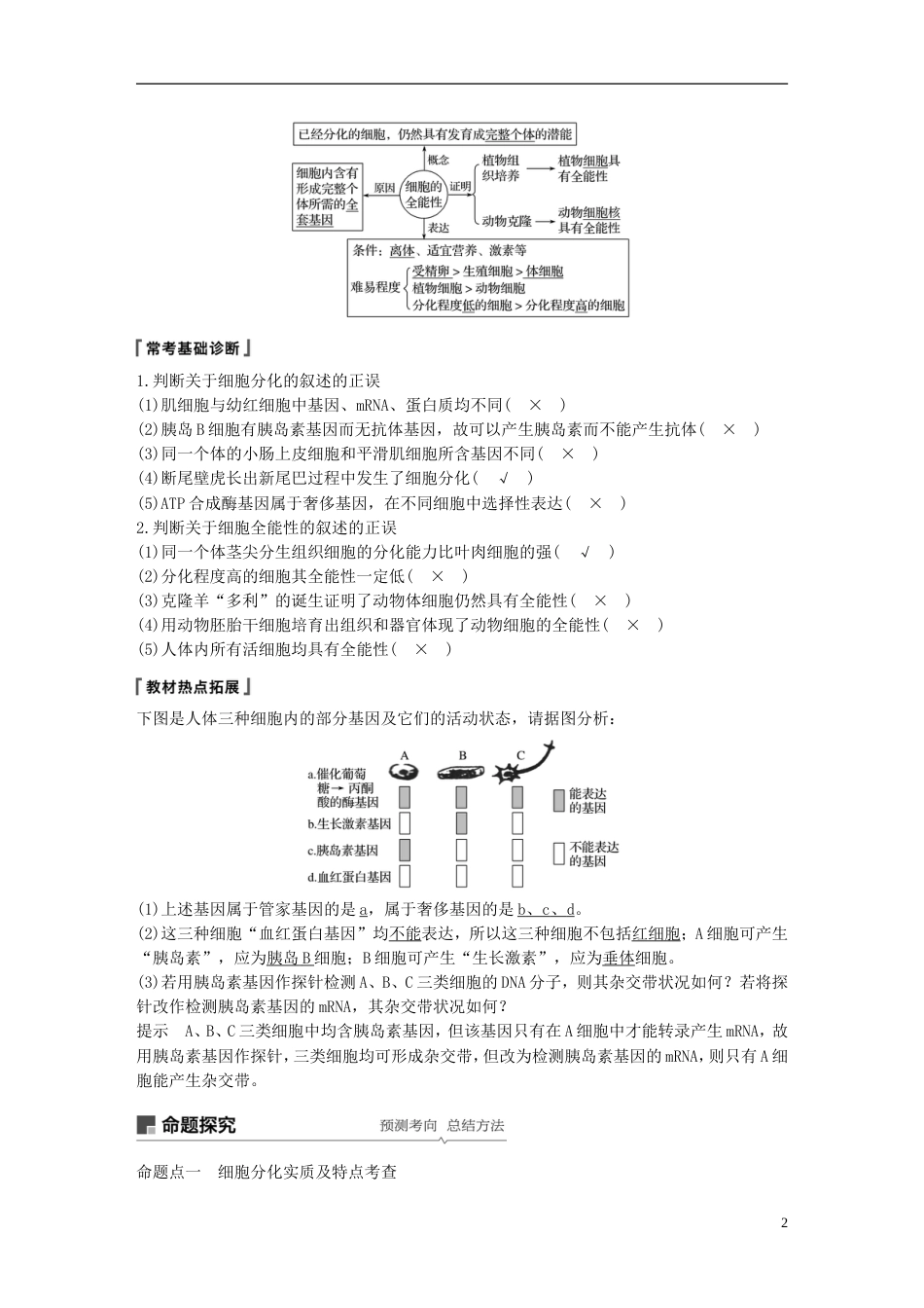 高考生物一轮复习第四单元细胞的生命历程和有性生殖第讲细胞的分化衰老凋亡与癌变备考一体学案苏教_第2页