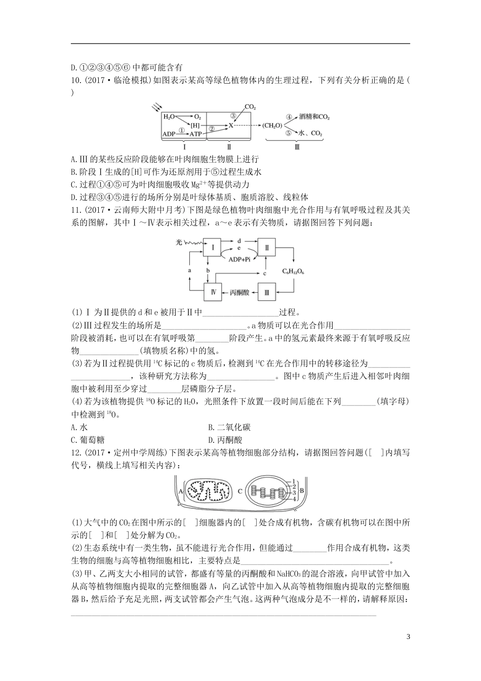 高考生物重点强化练第练理清光用与细胞呼吸过程的关系北师大_第3页