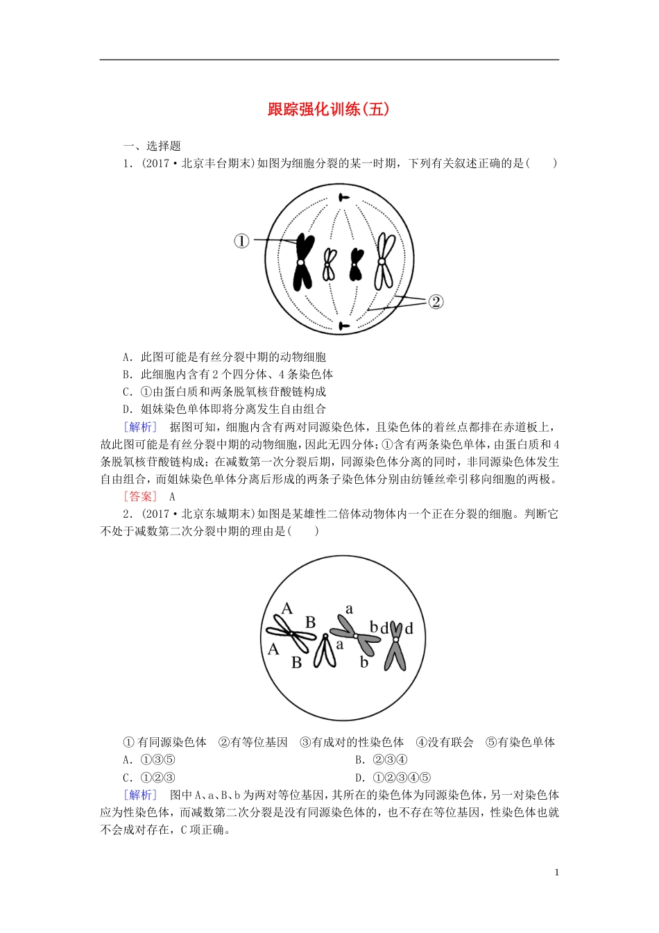 高考生物二轮复习专题二细胞的生命历程跟踪强化训练细胞的增殖与遗传的细胞基础_第1页