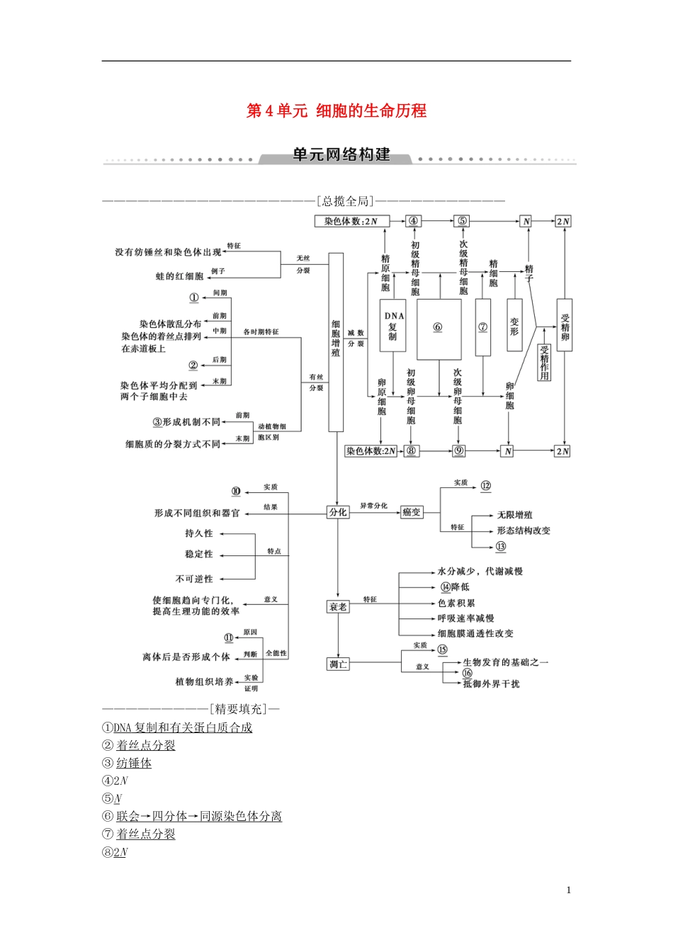 高考生物一轮复习第单元细胞的生命历程单元网络构建学案_第1页