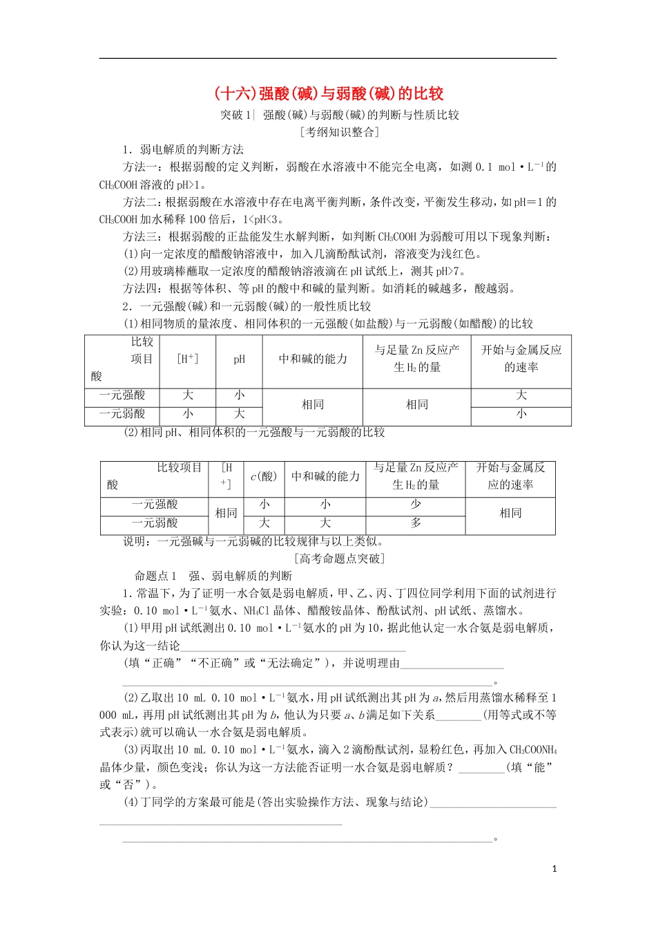 高考化学一轮复习第章物质在水溶液中的行为专项突破十六强酸碱与弱酸碱的比较学案鲁科_第1页