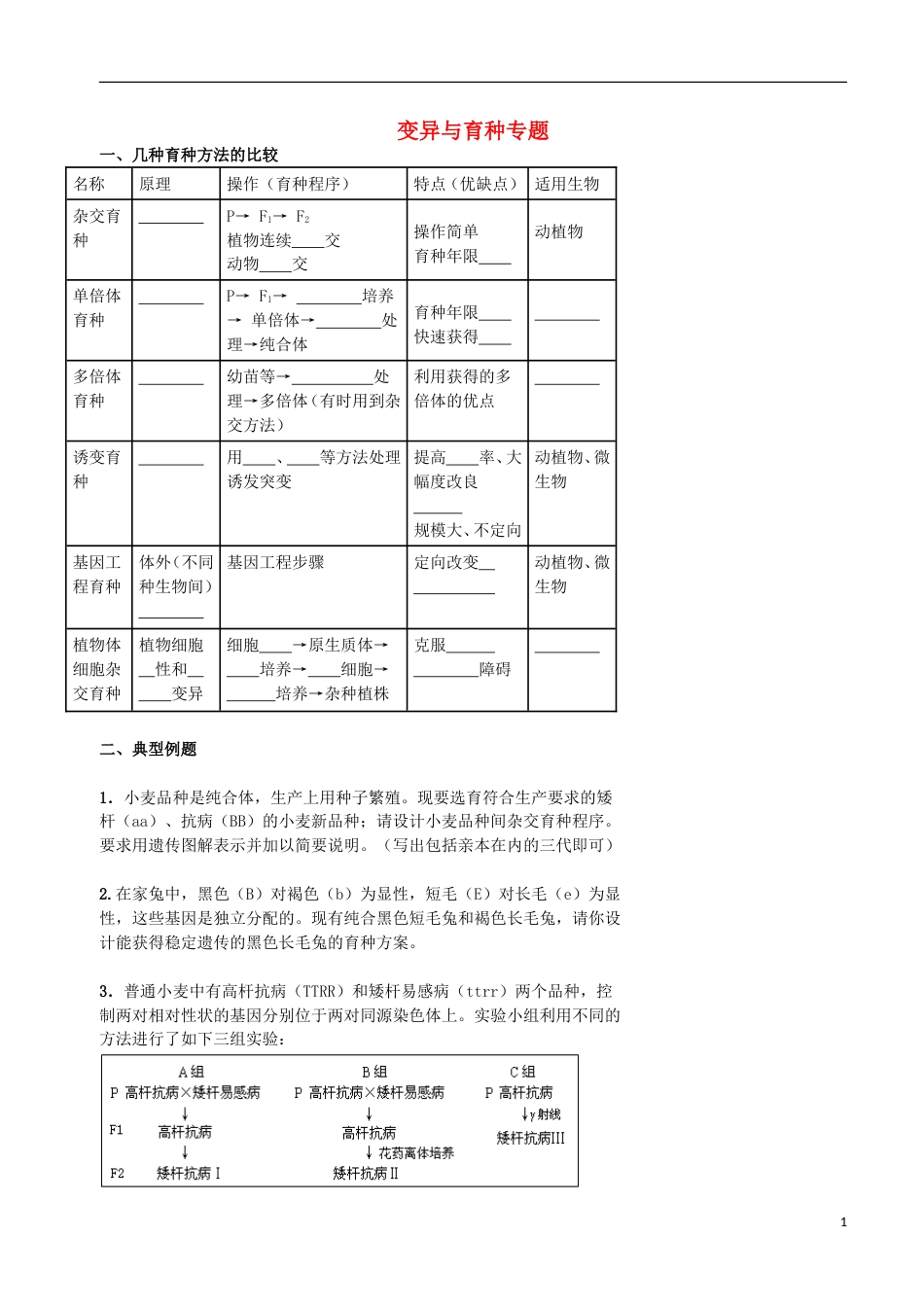 高考生物总复习遗传与进化——遗传综合应用变异与育种专题学案_第1页