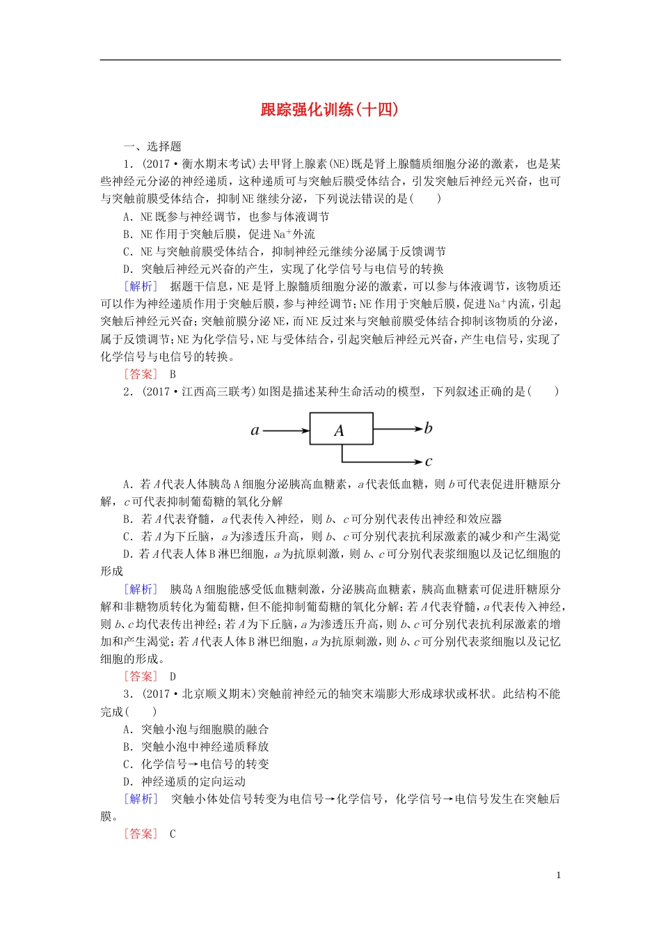 高考生物二轮复习专题六生物生命活动的调节跟踪强化训练动物生命活动的调节_第1页