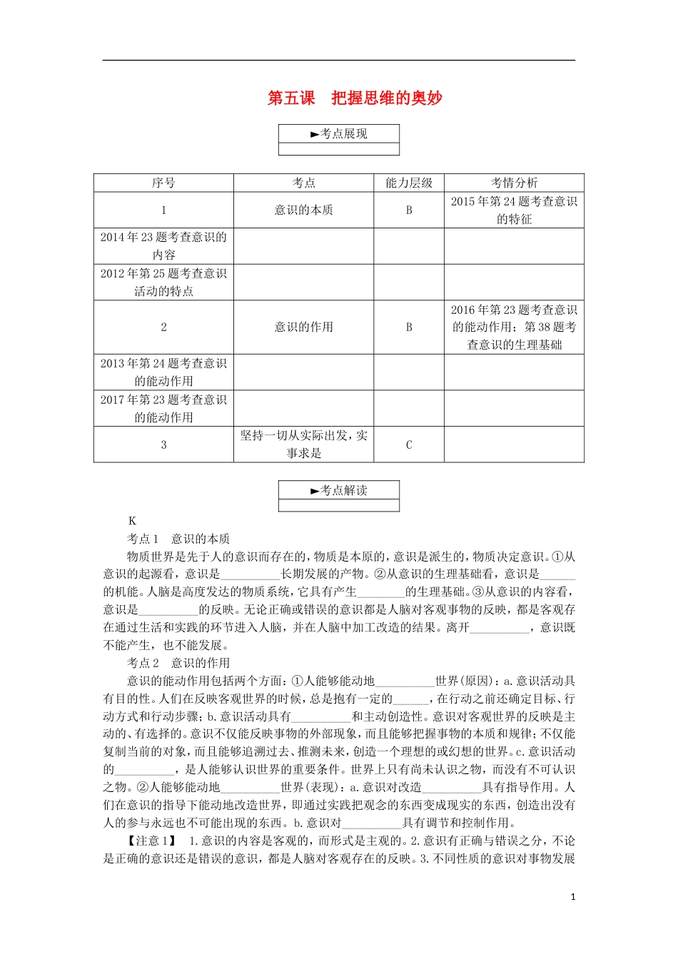 高考政治学业水平测试复习第二单元探索世界与追求真理第五课把握思维的奥妙考点梳理新人教必修_第1页