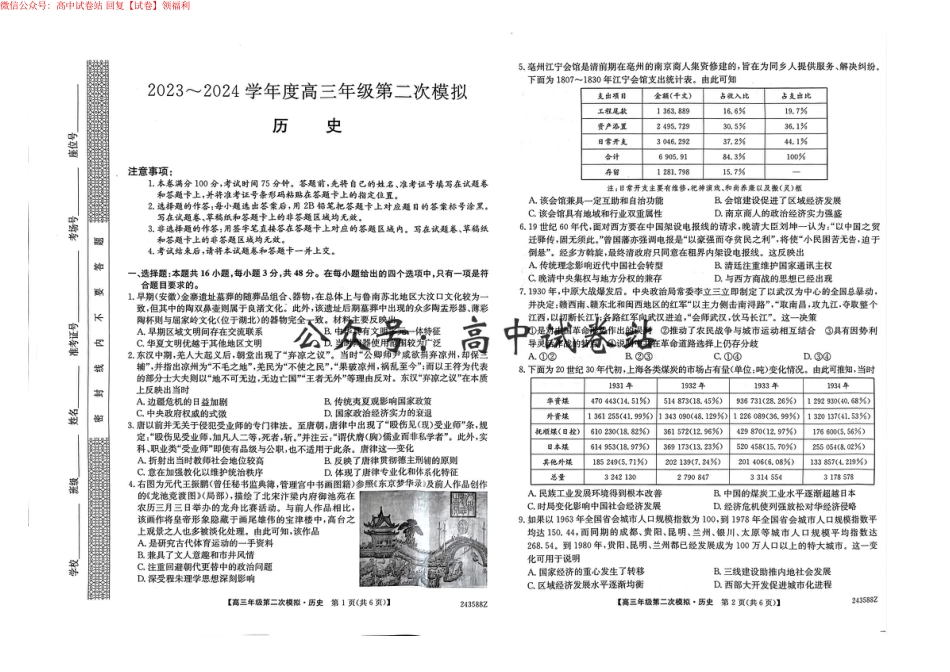 历史-2024届黑龙江省部分学校高三二模_第1页