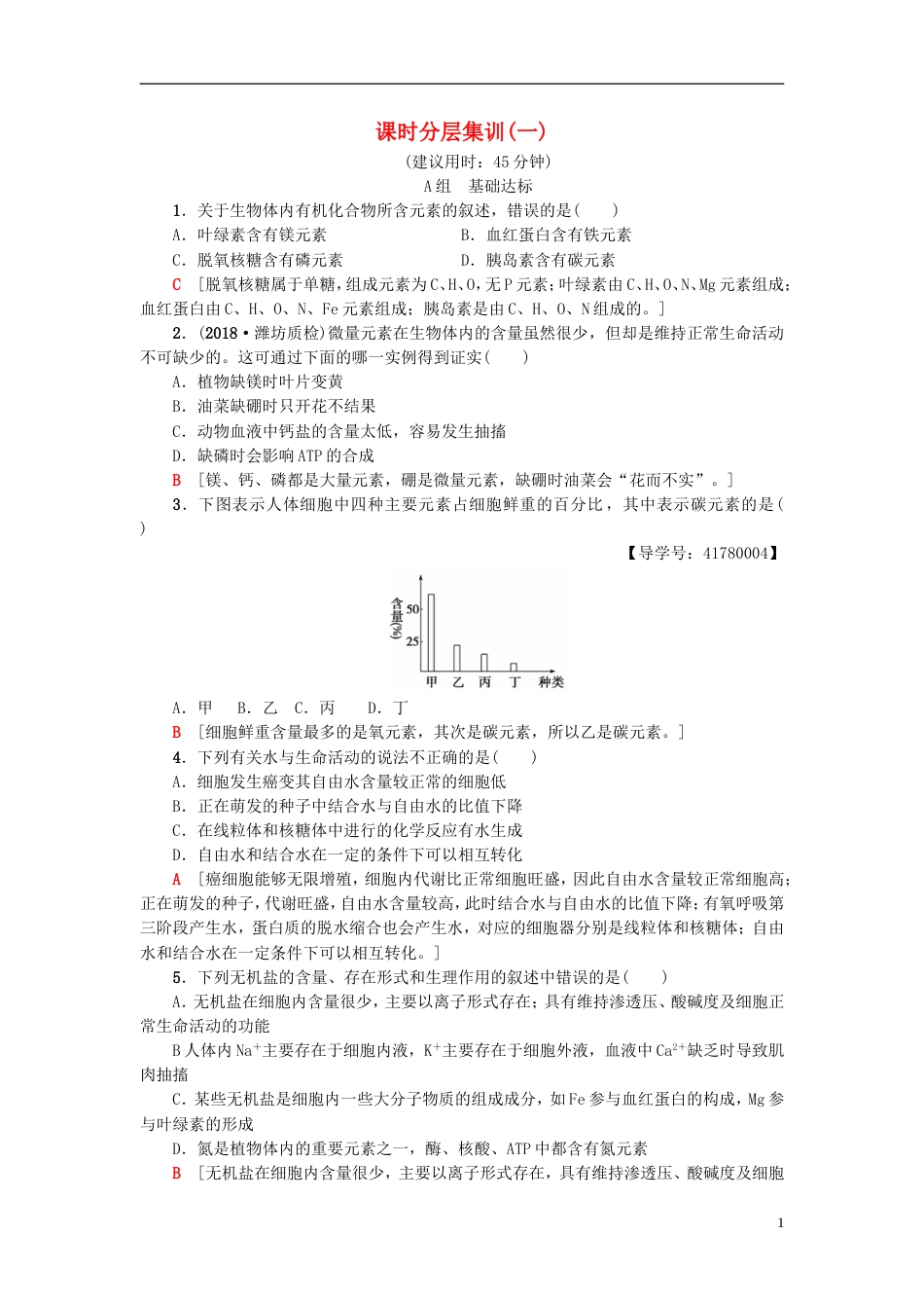 高考生物一轮复习第单元细胞的化学组成课时分层集训组成细胞的元素和无机化合物苏教_第1页