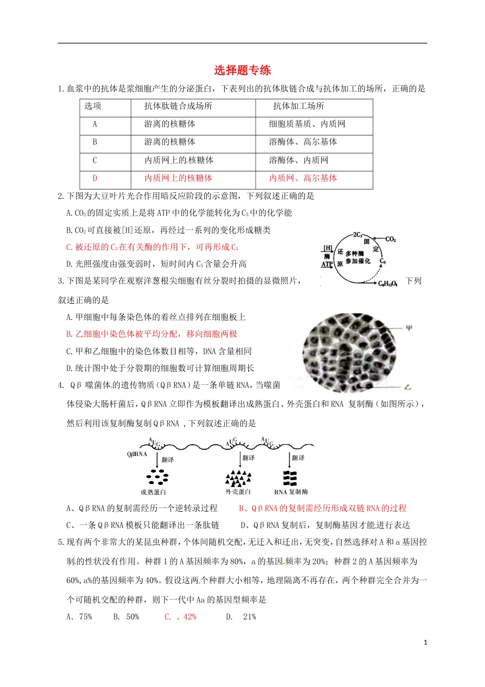 高考生物三轮复习选择题专练_第1页