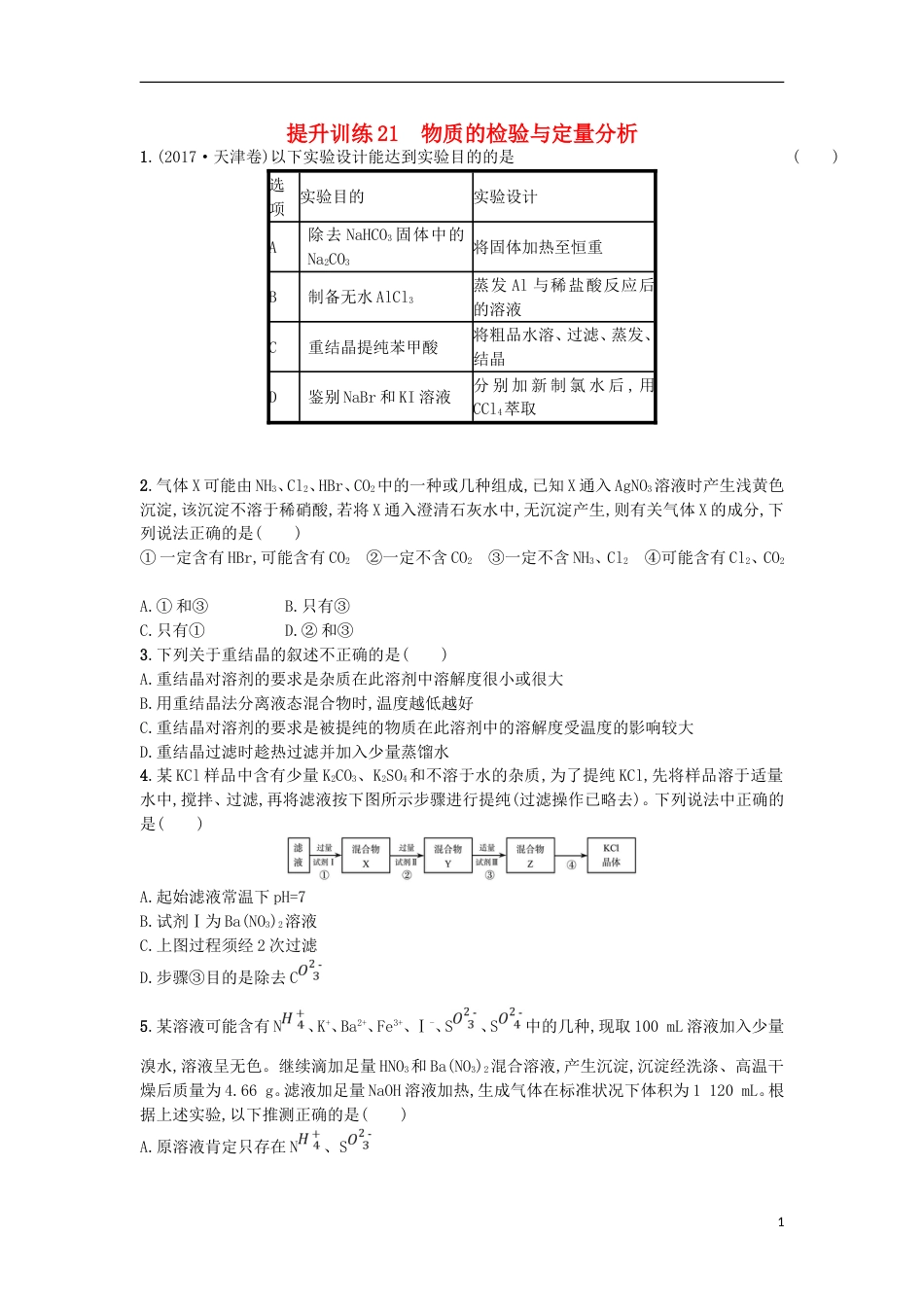 高考化学二轮专题复习提升训练物质的检验与定量分析_第1页