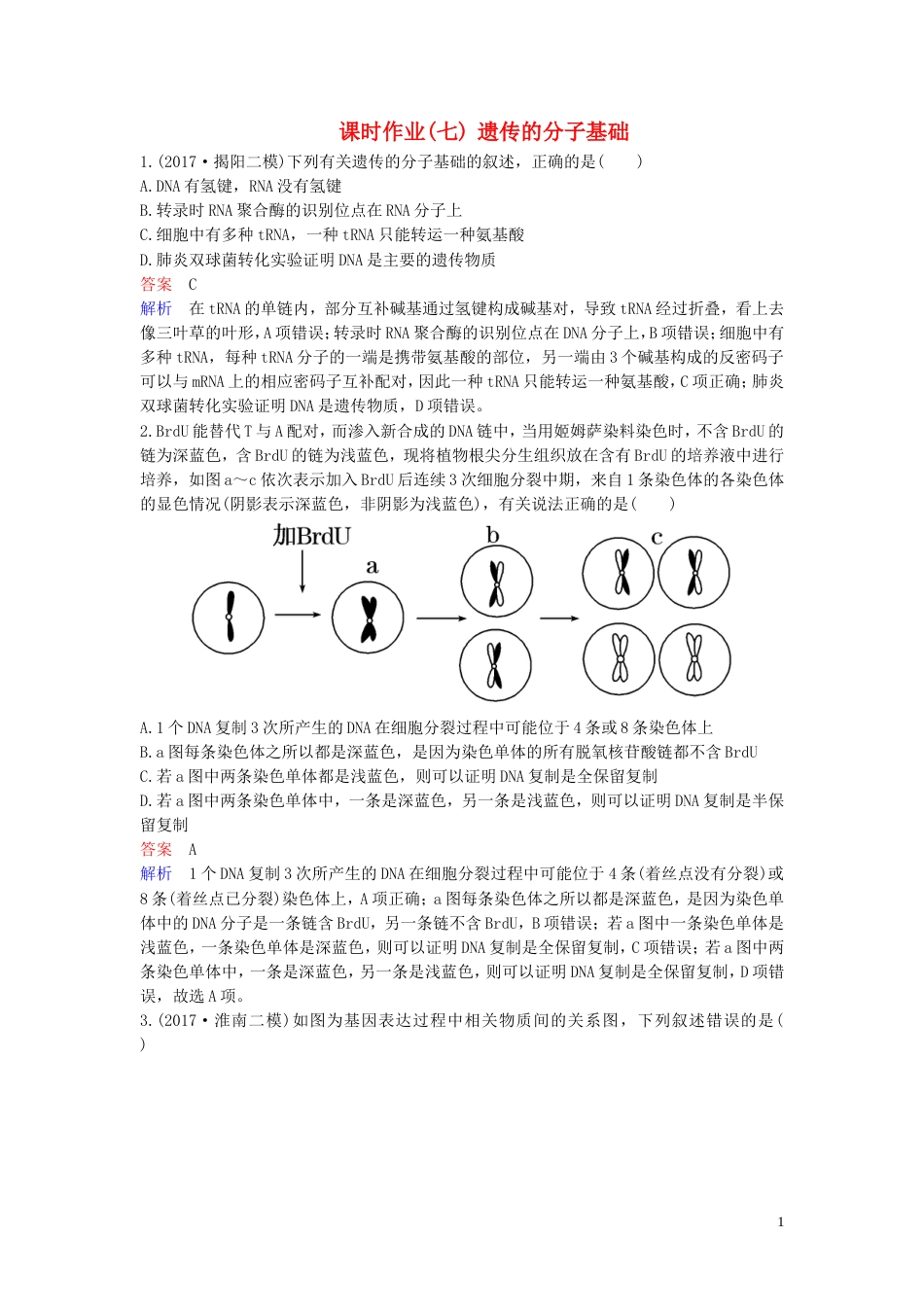 高考生物二轮复习课时作业遗传的分子基础_第1页