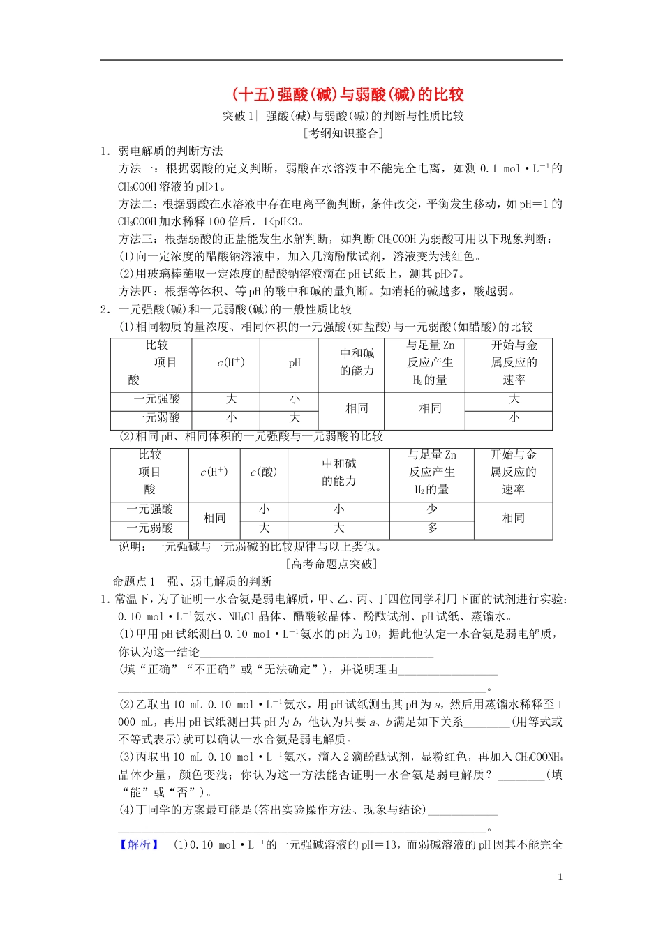 高考化学一轮复习第章水溶液中的离子平衡专项突破强酸碱与弱酸碱的比较学案_第1页