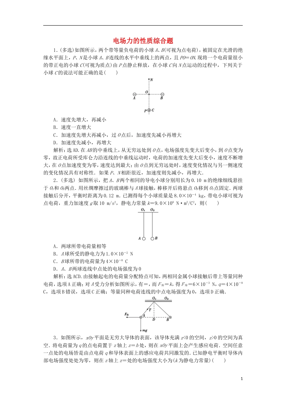 高考物理电场精讲精练电场力的性质综合题典型习题_第1页