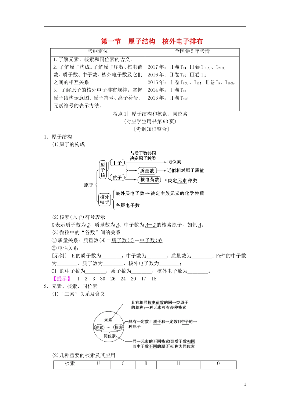 高考化学一轮复习第章物质结构元素周期律第节原子结构核外电子排布学案_第1页