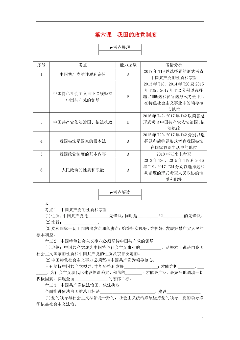 高考政治学业水平测试复习第三单元发展社会主义民主政治第六课我国的政党制度考点梳理新人教必修_第1页