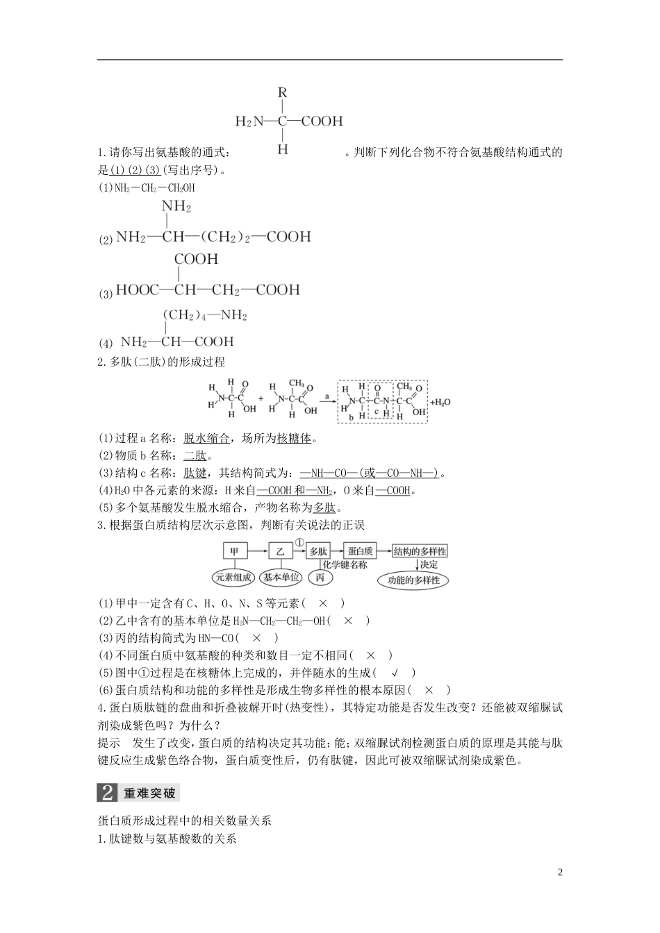 高考生物一轮总复习第一单元细胞的分子组成与结构第讲蛋白质和核酸学案_第2页
