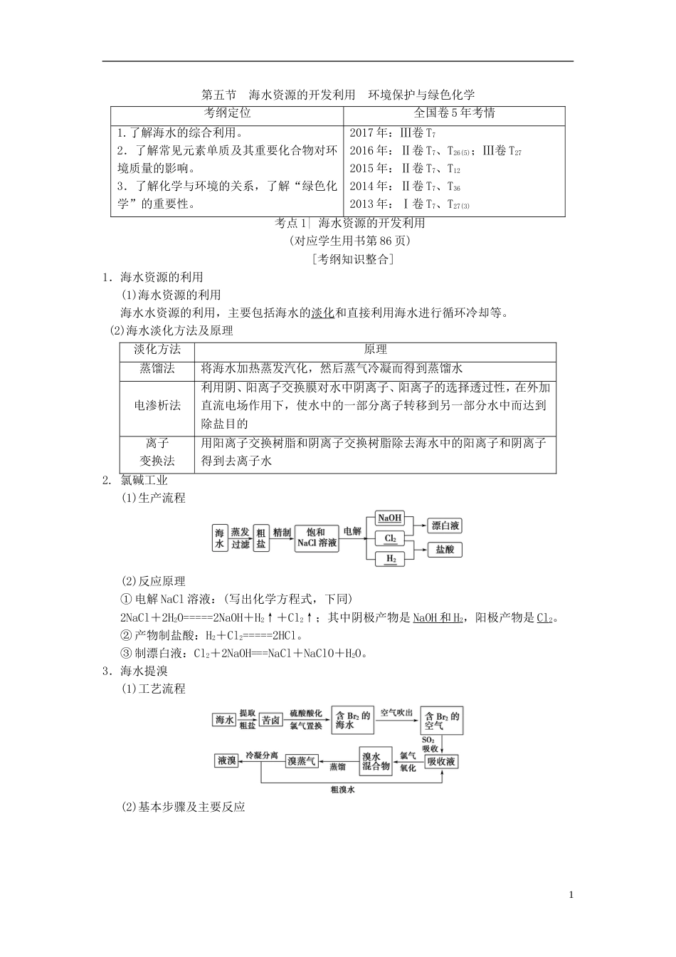 高考化学一轮复习第章非金属及其化合物第节海水资源的开发利用环境保护与绿色化学学案_第1页