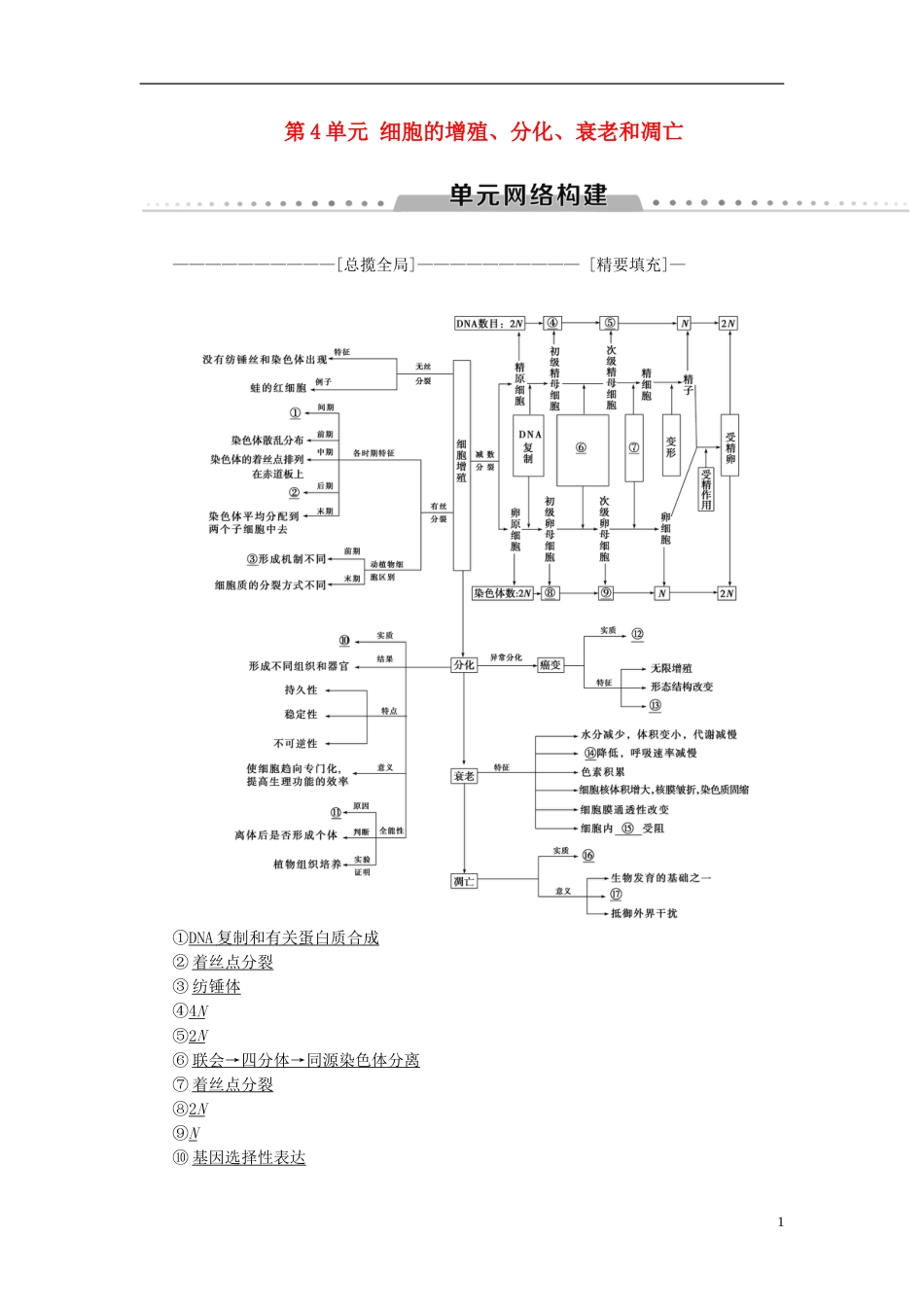 高考生物一轮复习第单元细胞的增殖分化衰老和凋亡单元网络构建学案苏教_第1页
