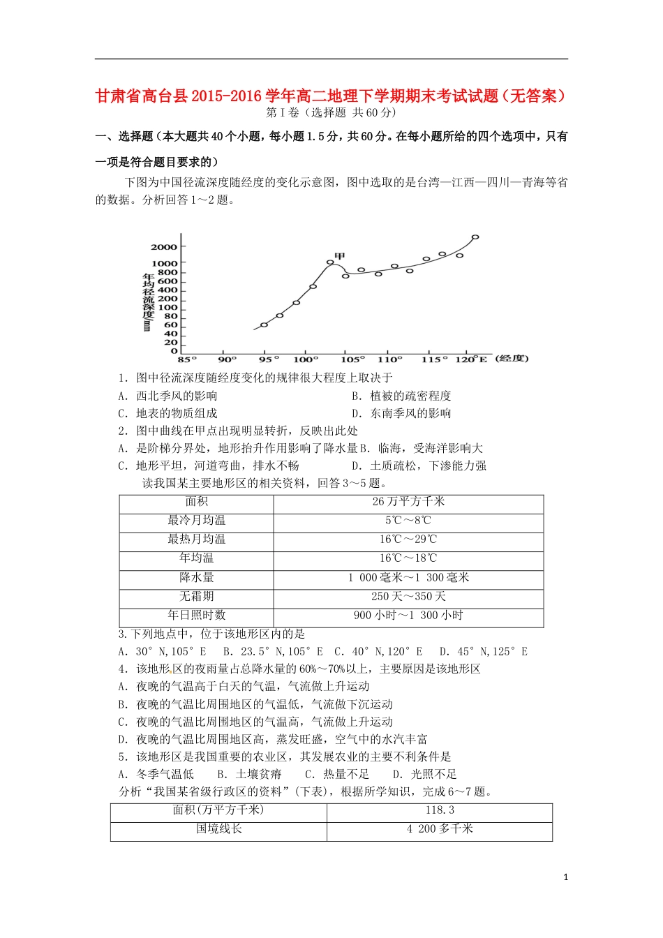 高台高二地理下学期期末考试试题_第1页