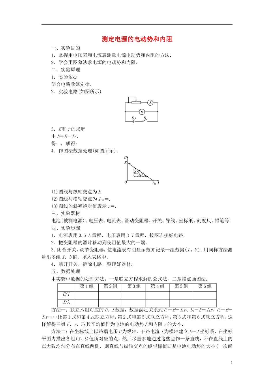 高考物理电学实验精讲精练测定电源的电动势和内阻_第1页