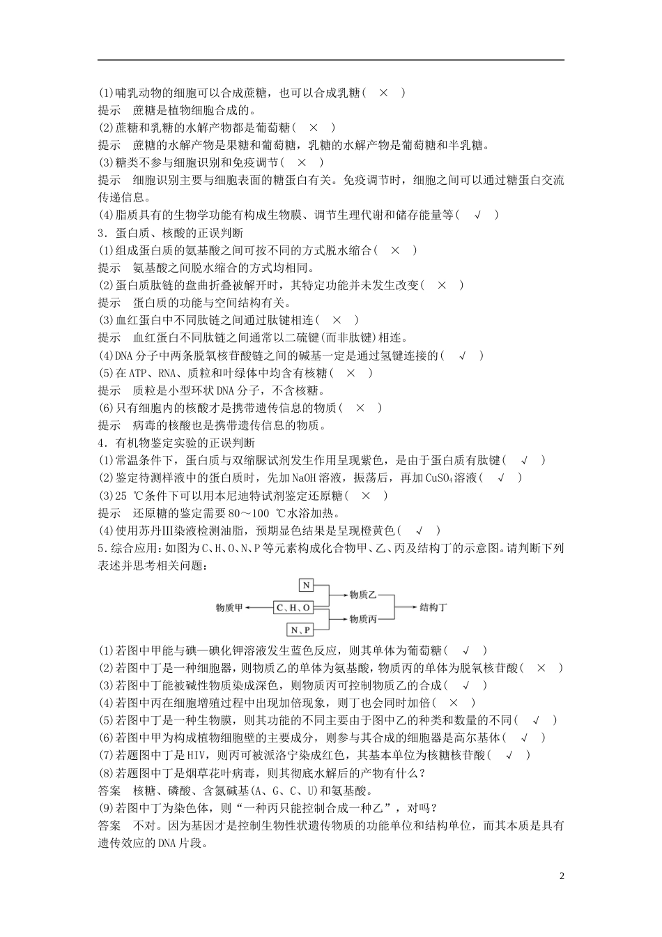 高考生物二轮专题复习专题一细胞的分子组成和基本结构考点细胞的分子组成讲练新人教_第2页