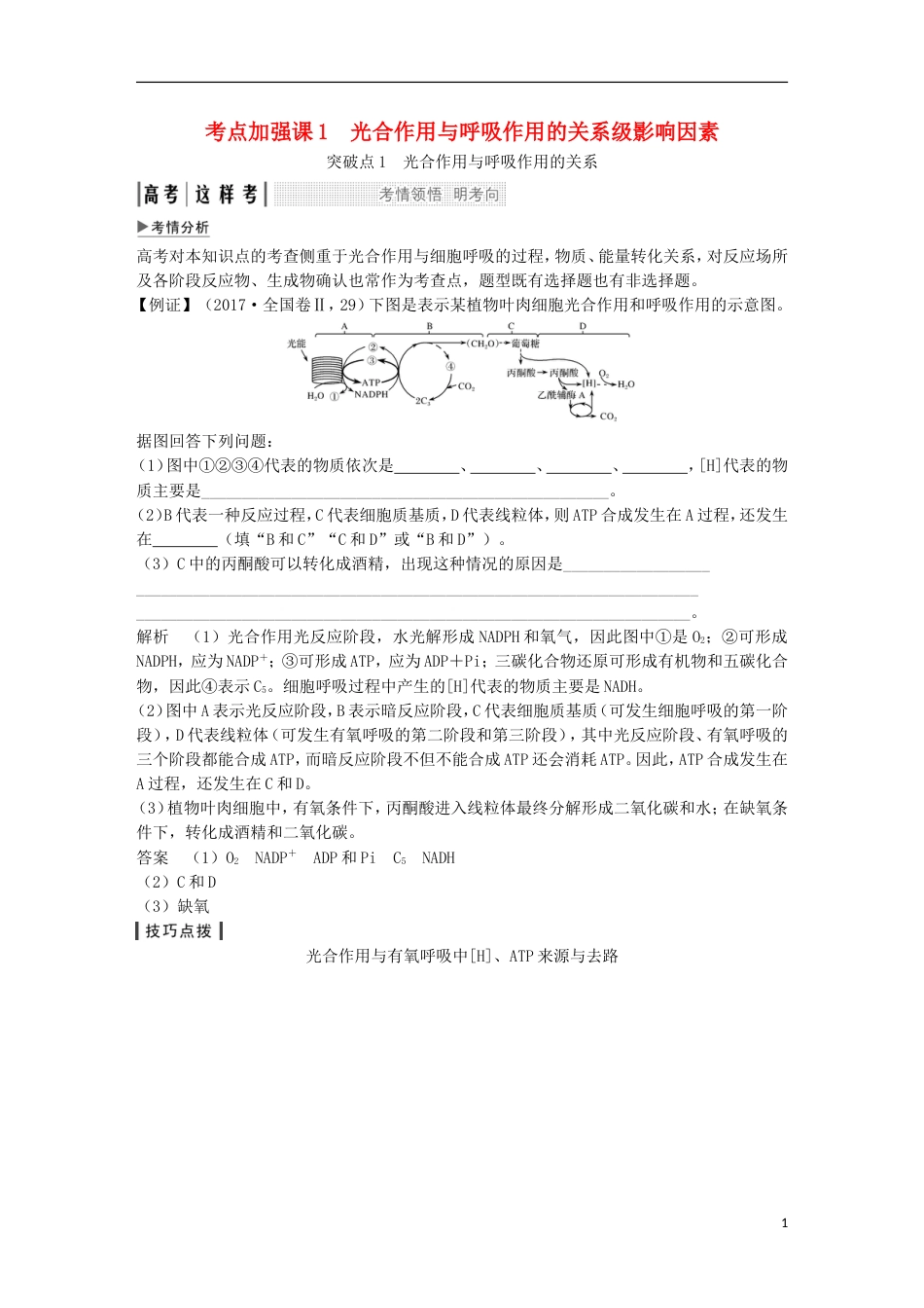 高考生物一轮复习第一单元有机体中的细胞考点加强课光用与呼吸作用的关系级影响因素创新备考学案中图_第1页