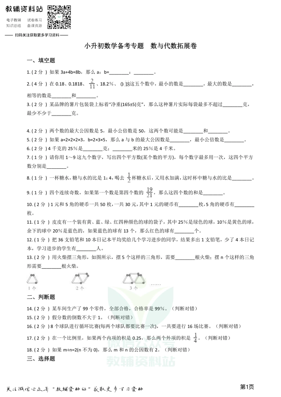 小升初数学专题  数与代数拓展卷_第1页