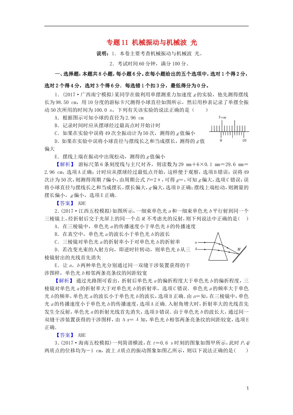 高考物理二轮复习专题机械振动与机械波光专题卷_第1页