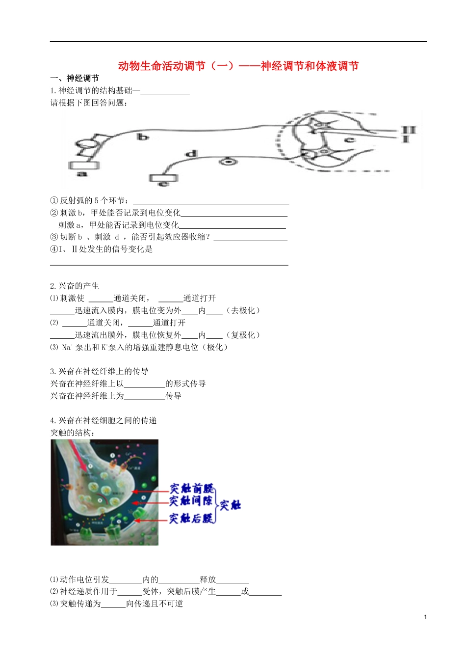 高考生物总复习生物与环境动物生命活动调节（一）——神经调节和体液调节学案_第1页