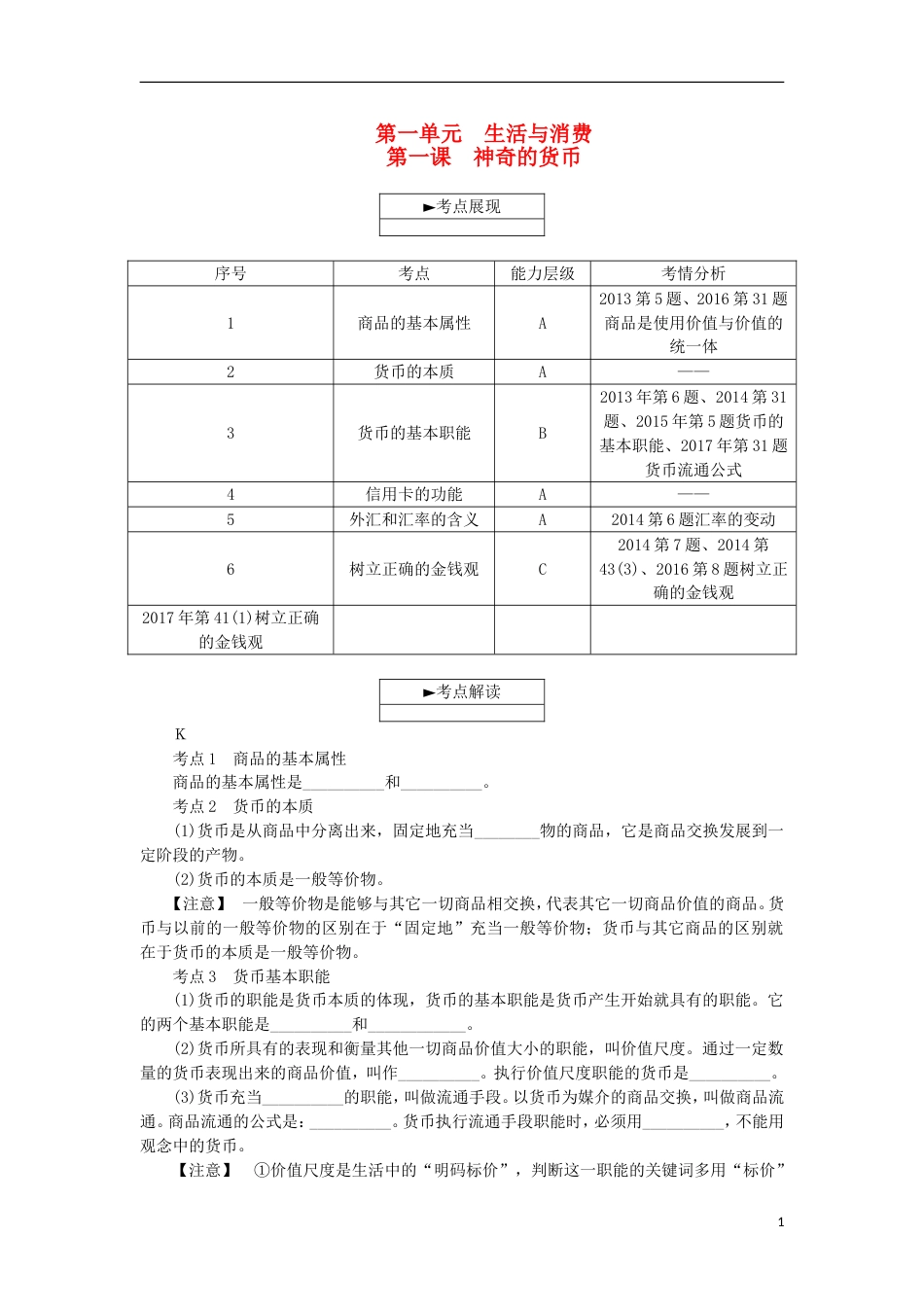 高考政治学业水平测试复习第一单元生活与消费第一课神奇的货币考点梳理新人教必修_第1页