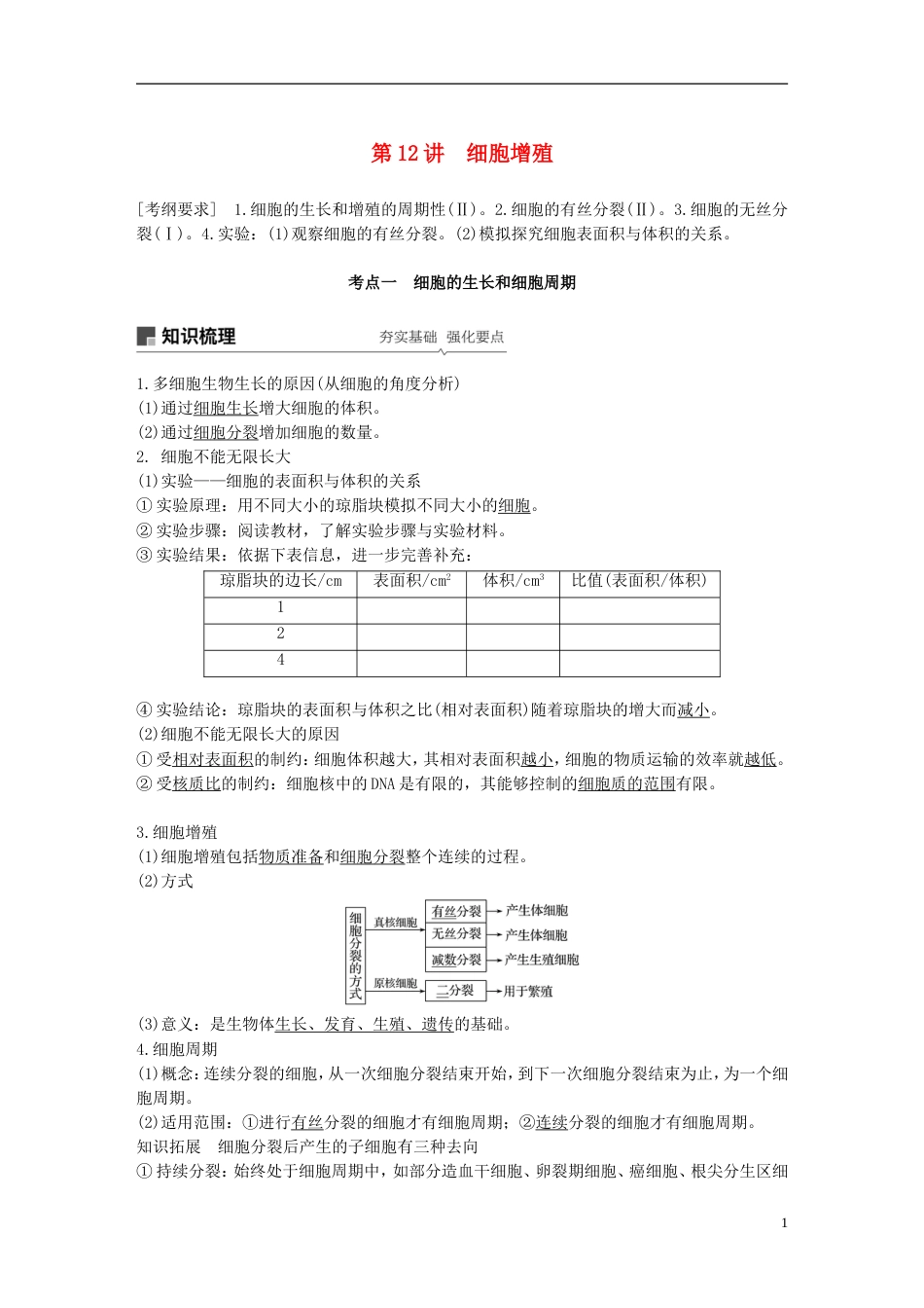 高考生物一轮复习第四单元细胞的生命历程和有性生殖第讲细胞增殖备考一体学案苏教_第1页