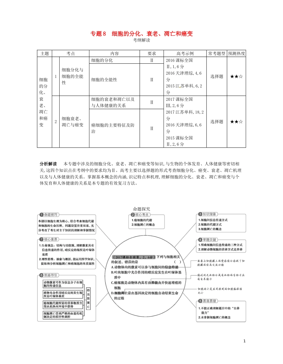 高考生物一轮复习专题细胞的分化衰老凋亡和癌变讲学案_第1页
