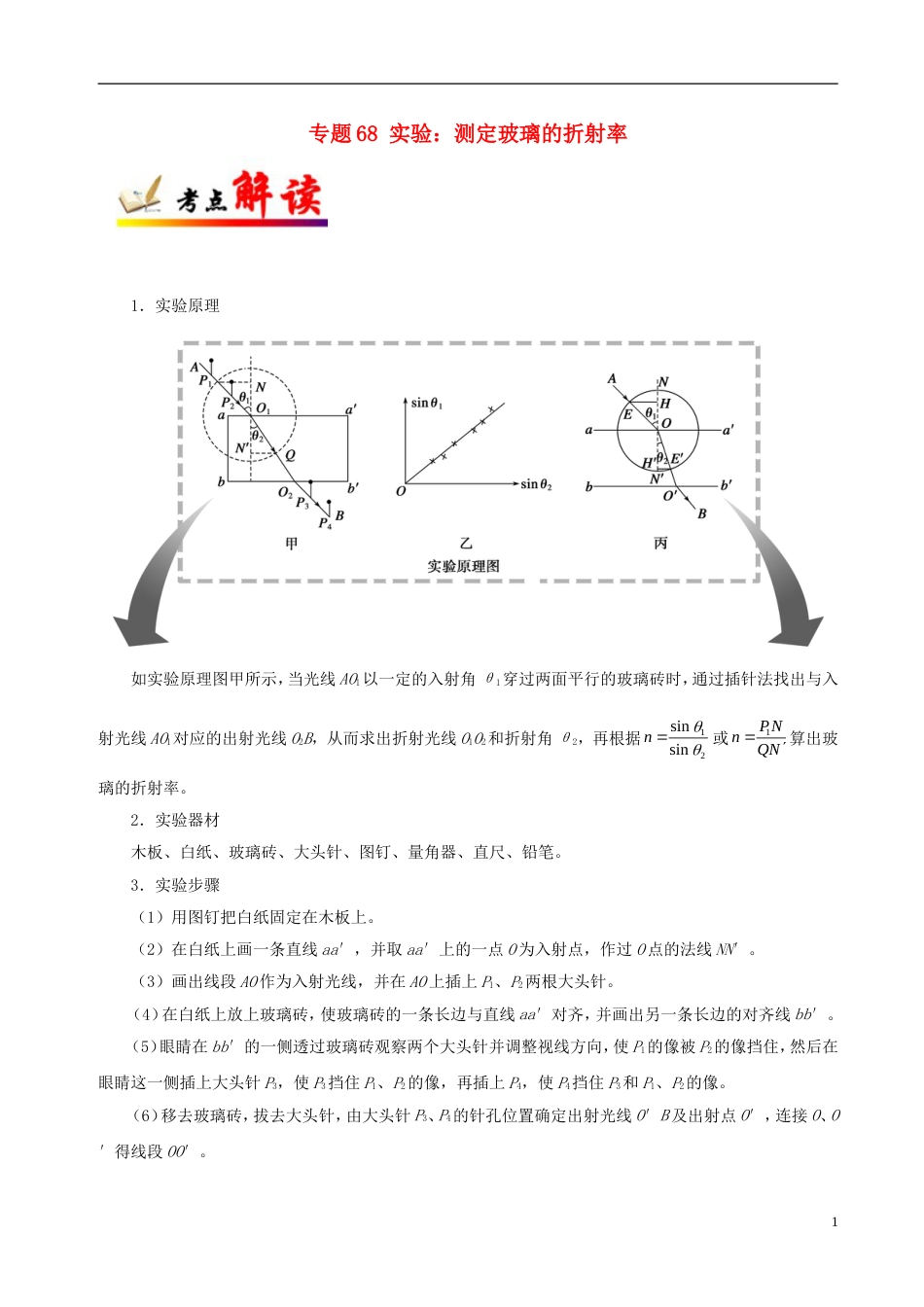 高考物理考点一遍过专题实验测定玻璃的折射率_第1页