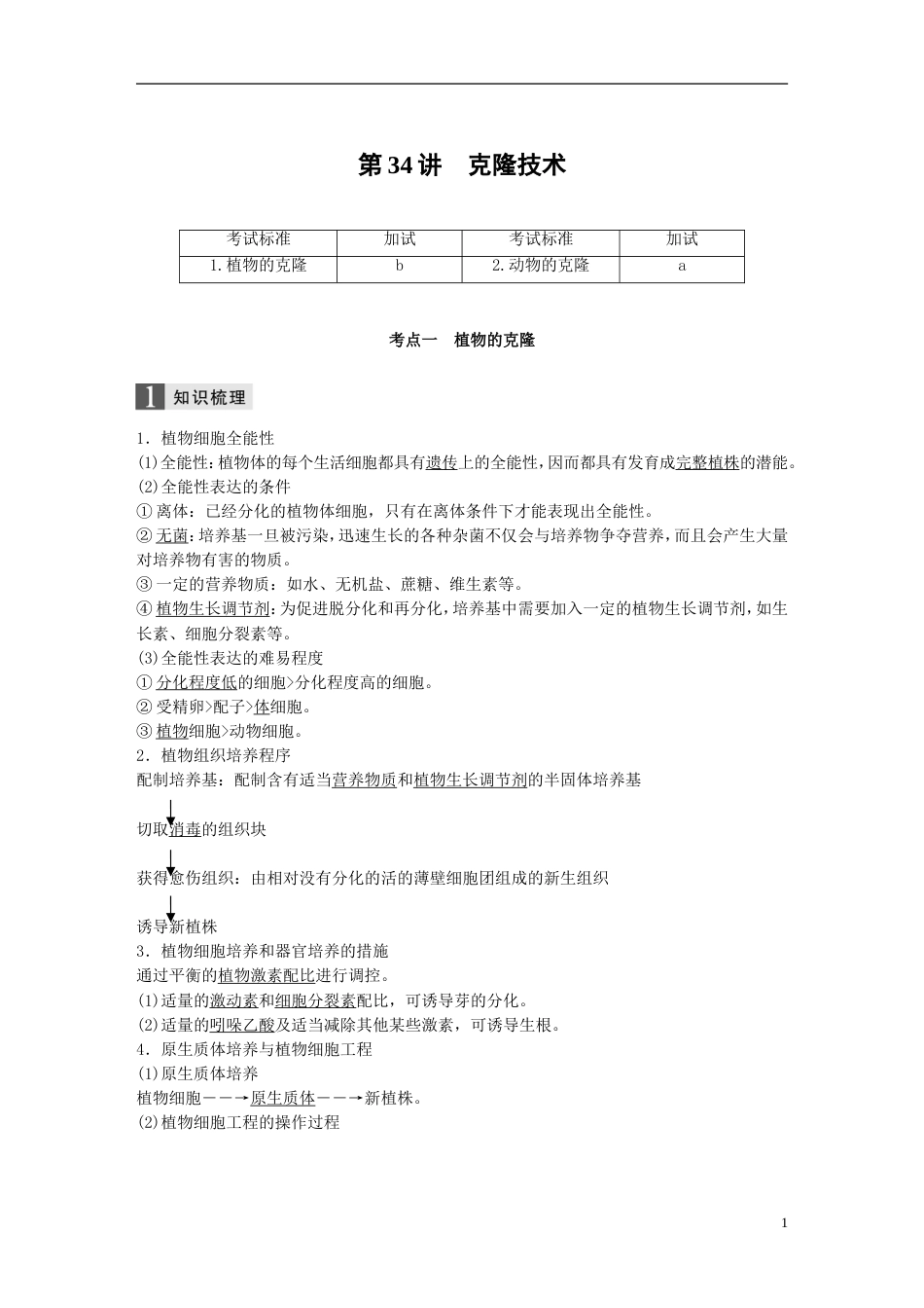 高考生物一轮总复习第十单元现代生物科技专题第讲克隆技术学案_第1页