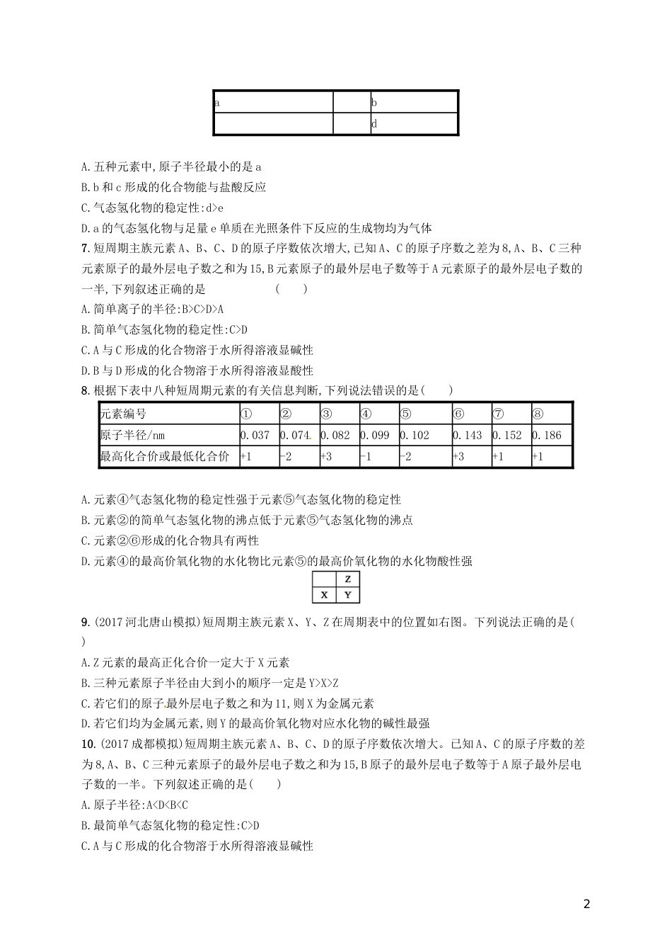 高考化学一轮复习第五单元物质结构元素周期律考点规范练元素周期表元素周期律_第2页