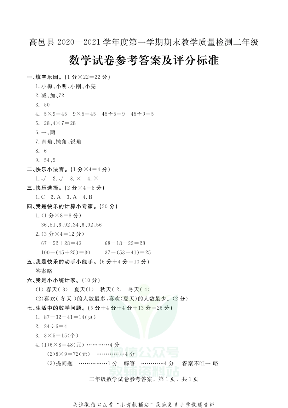 【真题】河北省石家庄市高邑县数学二年级上学期期末试题 2020-2021学年冀教版答案_第1页