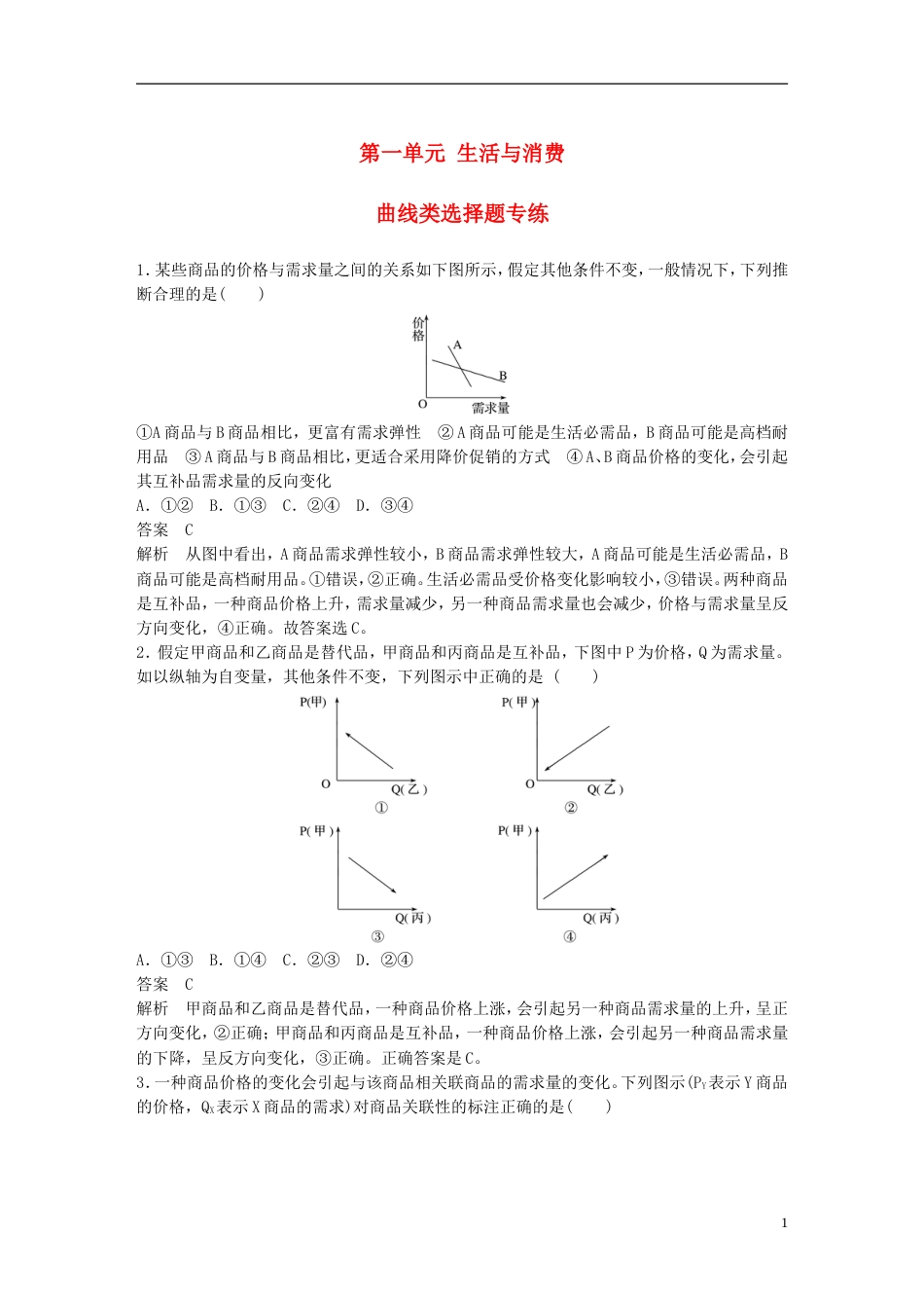 高考政治一轮复习第一单元生活与消费曲线类选择题专练新人教必修_第1页