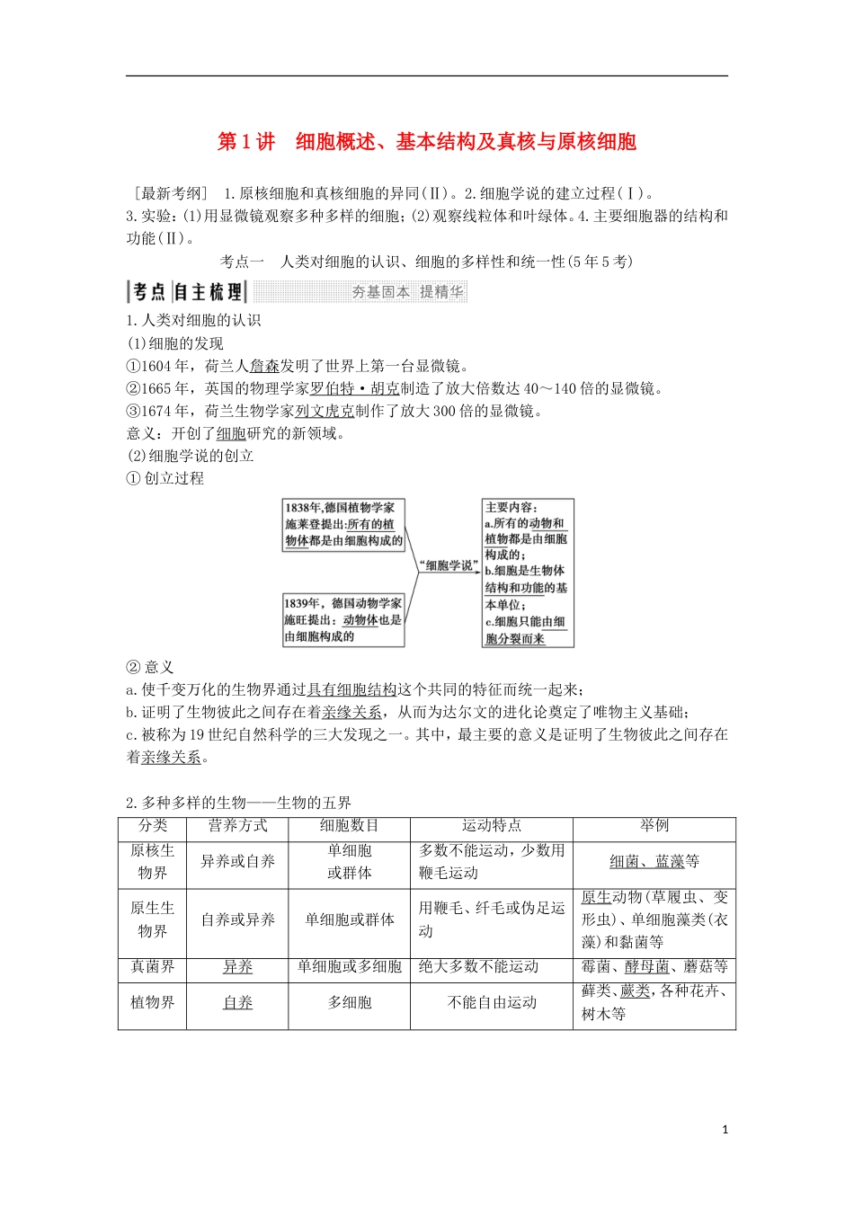 高考生物一轮复习第一单元有机体中的细胞第讲细胞概述基本结构及真核与原核细胞创新备考学案中图_第1页