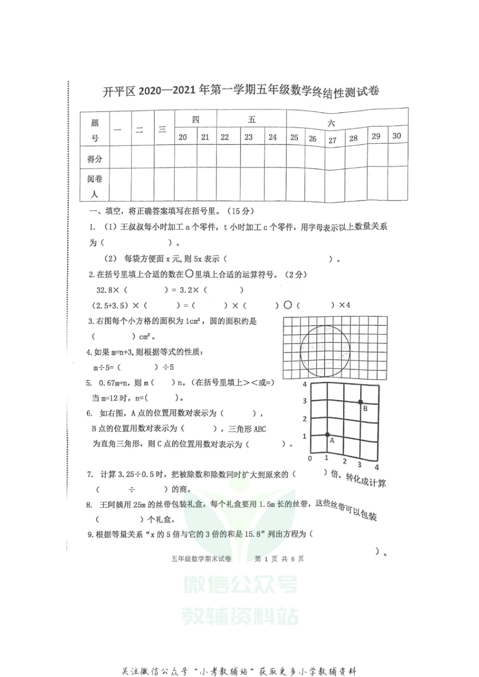 【真题】河北省唐山市开平区数学五年级第一学期期末终结性测试 2020-2021学年（冀教版，无答案，图片版）_第1页