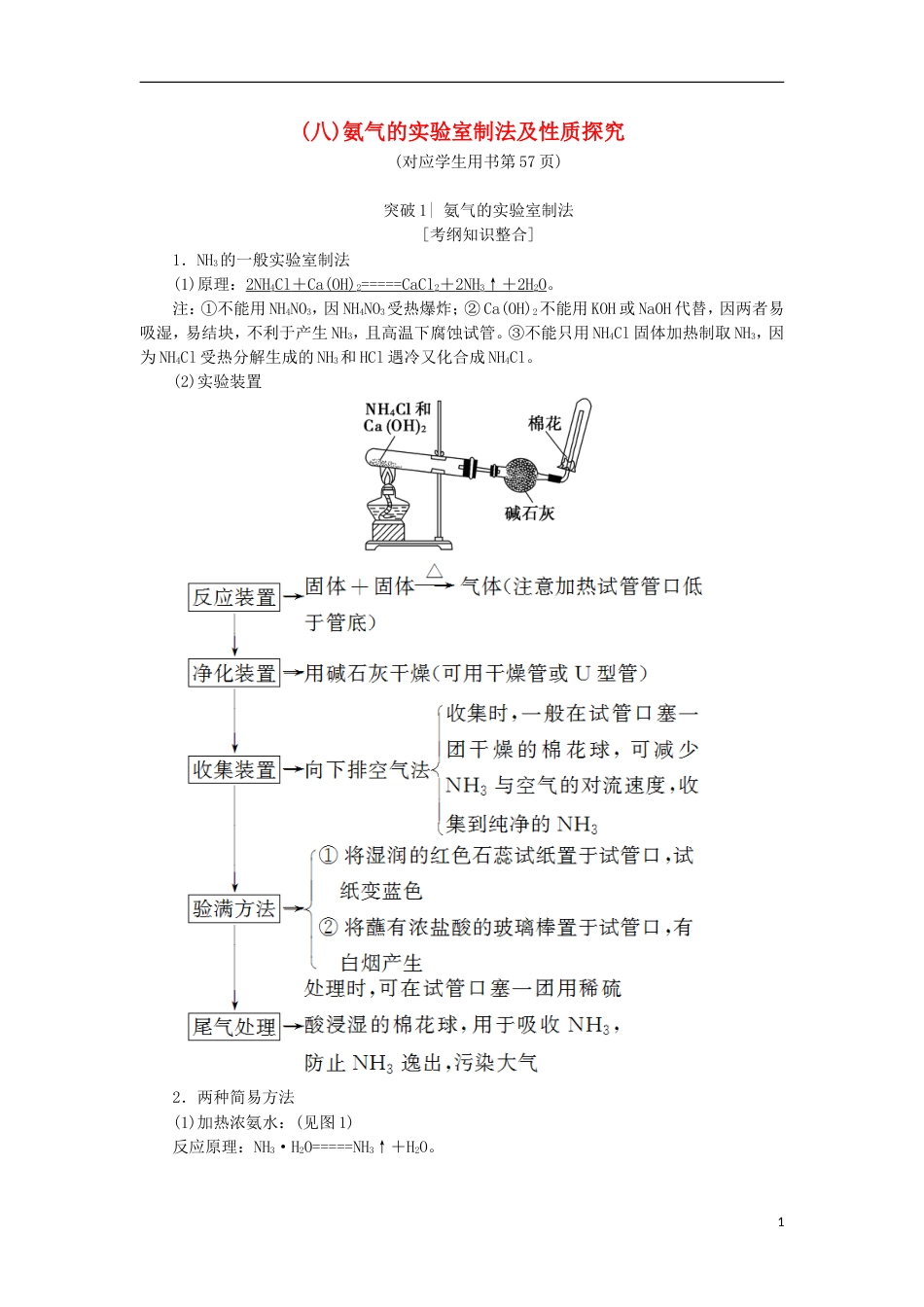 高考化学一轮复习第章自然界中的元素专项突破八氨气的实验室制法及性质探究学案鲁科_第1页