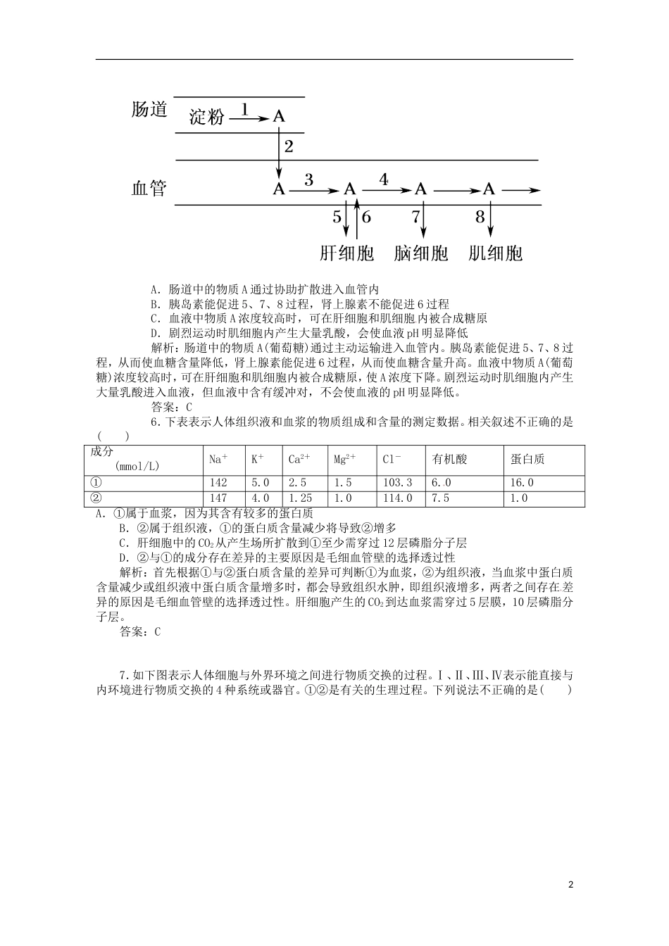 高考生物二轮复习专题训练人体的内环境与稳态_第2页