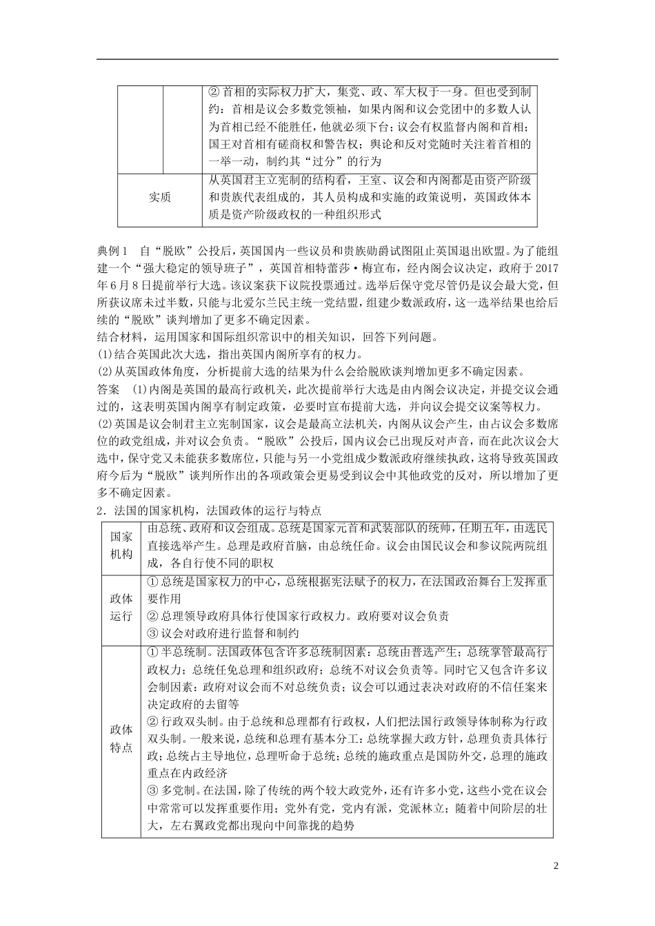 高考政治一轮复习专题二君主立宪制和民主共和制以英国和法国为例讲义新人教选修_第2页