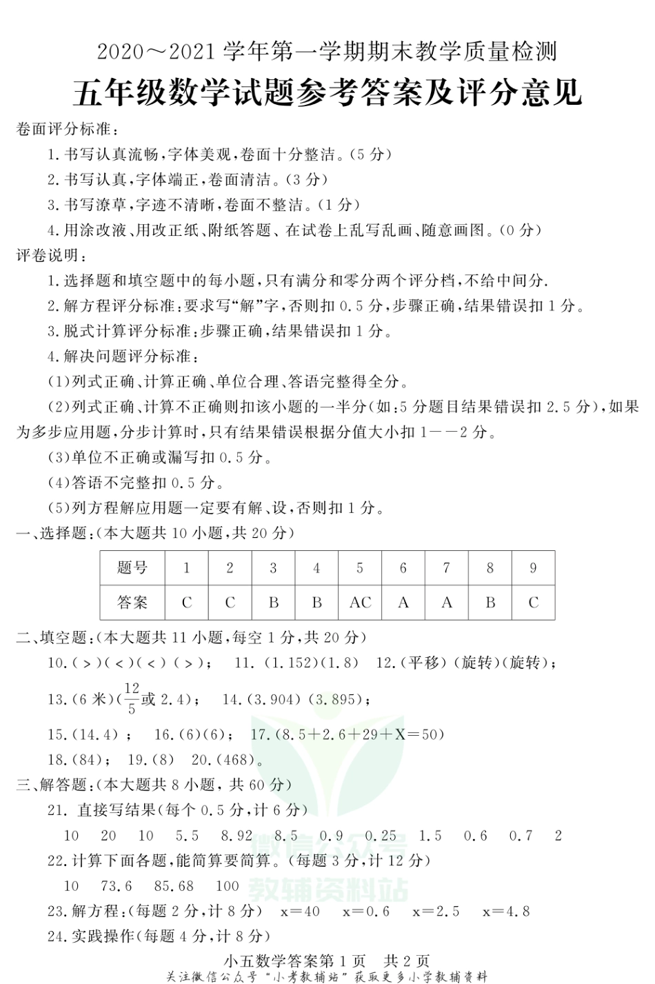 山东省德州市禹城市数学五年级第一学期期末教学质量检测 2020-2021学年（青岛版）答案_第1页